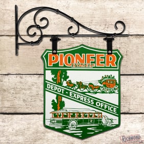 Amazing Pioneer Stages "Depot - Express Office" DS Porcelain Sign w/ Bracket Stagecoach & Bus