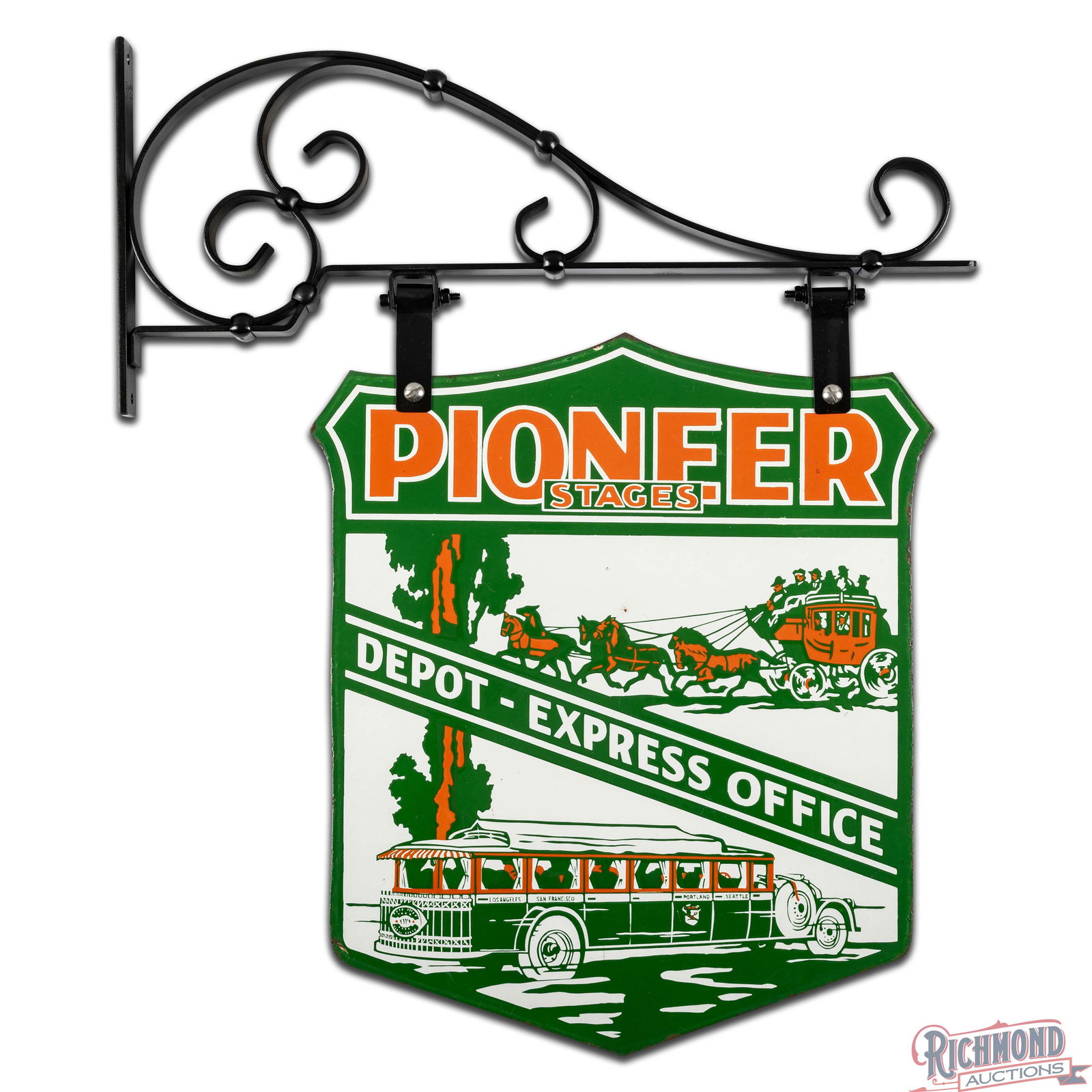 Amazing Pioneer Stages "Depot - Express Office" DS Porcelain Sign w/ Bracket Stagecoach & Bus - 2