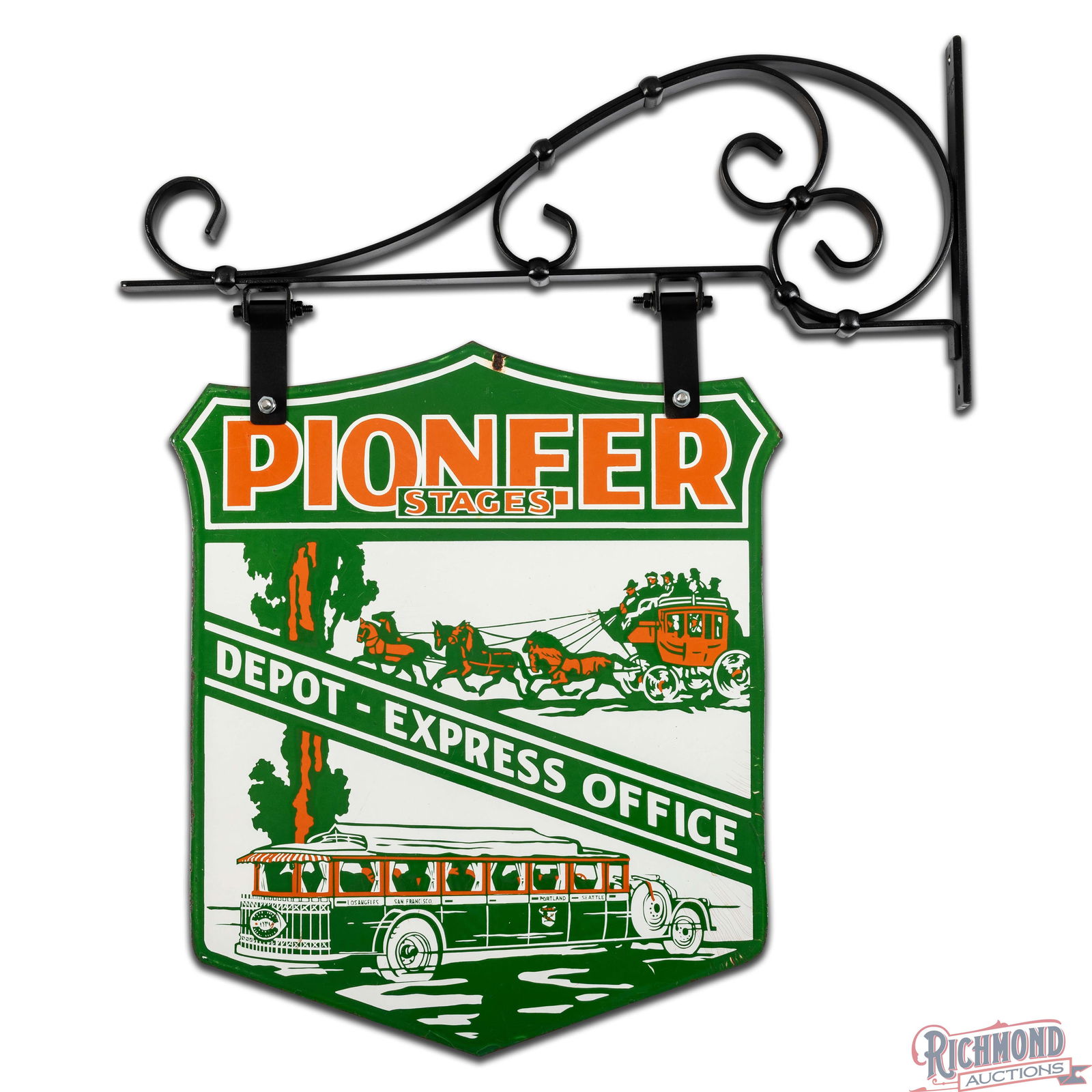 Amazing Pioneer Stages "Depot - Express Office" DS Porcelain Sign w/ Bracket Stagecoach & Bus - 3