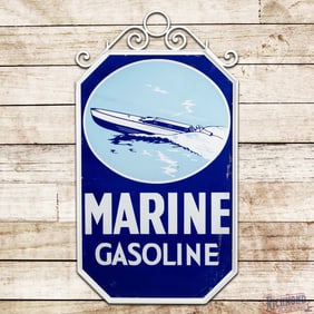 Marine Gasoline 48" Die Cut Double Sided Porcelain Sign w/ Banana Boat & Custom Frame