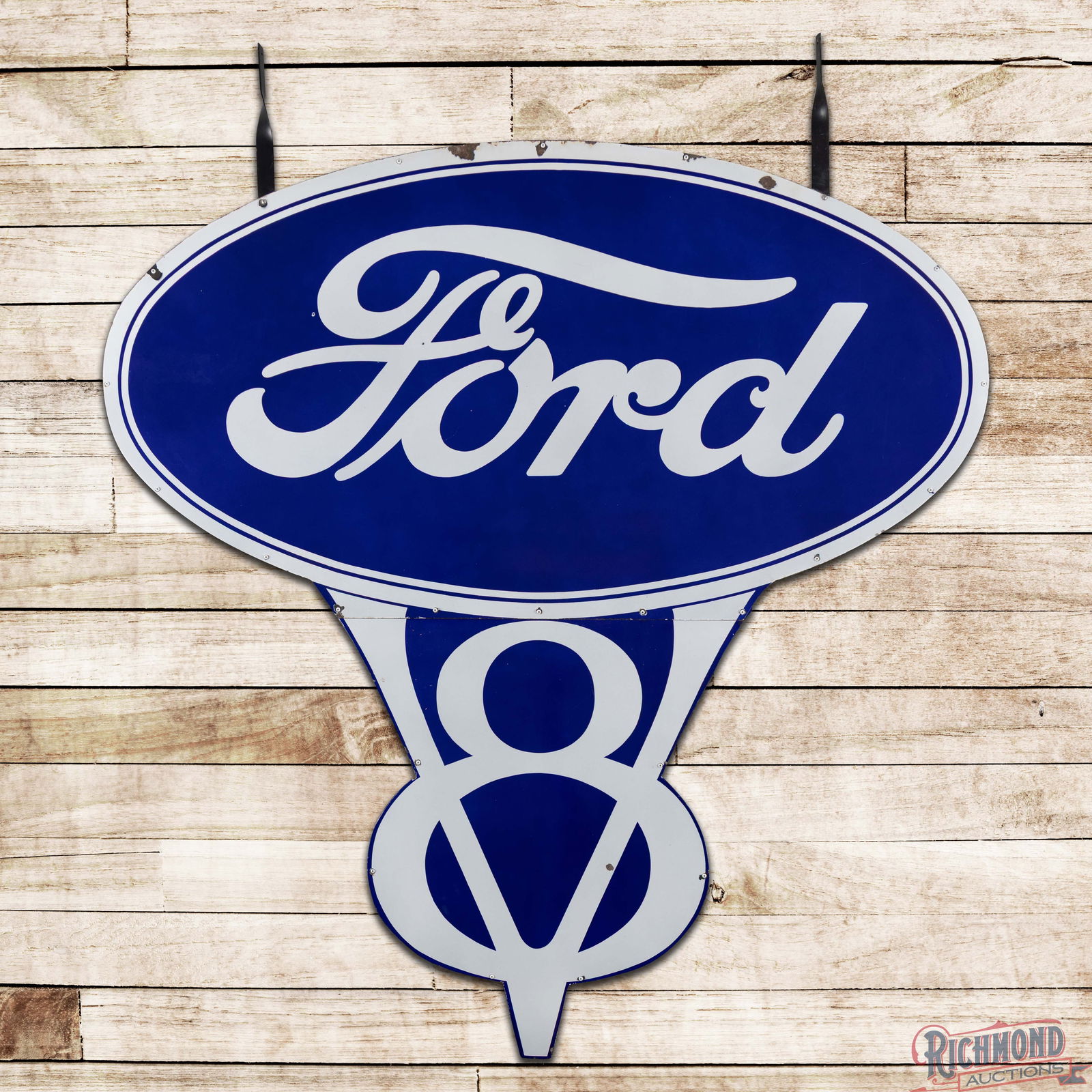 Ford V8 Die Cut 6.5' Single Sided Porcelain Logo Sign: SSP (Single Sided Porcelain) two-piece sign has excellent color and gloss. The field exhibits tiny chips in the lettering, minor discoloration in the outer fields and a dime-sized chip in the lower
