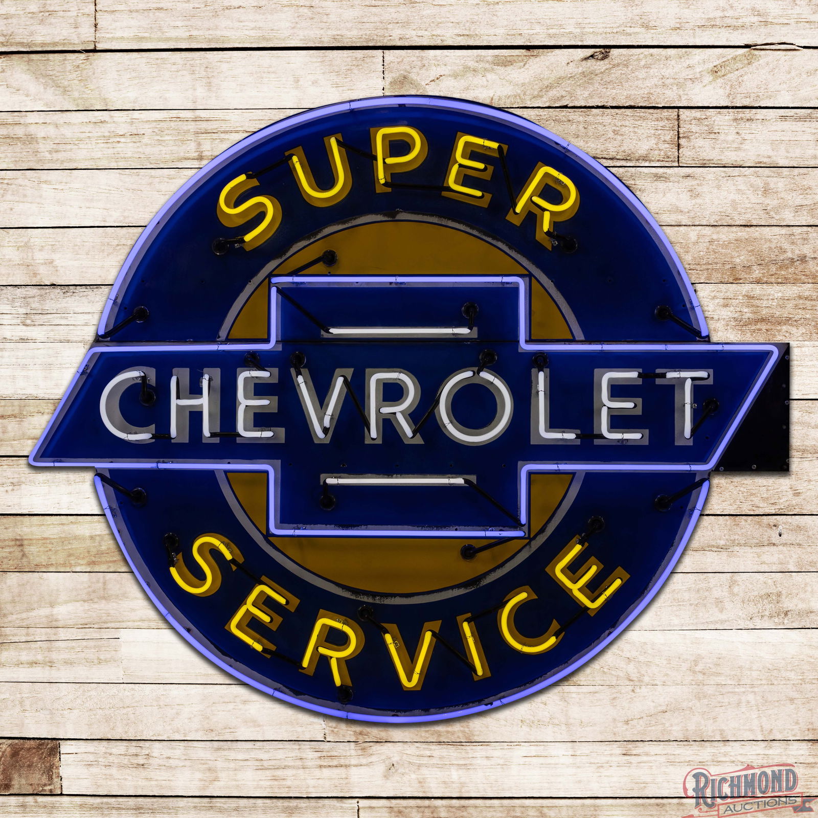 Chevrolet Super Service 6' Die Cut Single Sided Porcelain Factory Neon Sign: SSP (Single Sided Porcelain) factory neon sign with a new metal can has good color and gloss. The sign features three-color neon with flashing "Chevrolet" lettering. The display has light surface wear