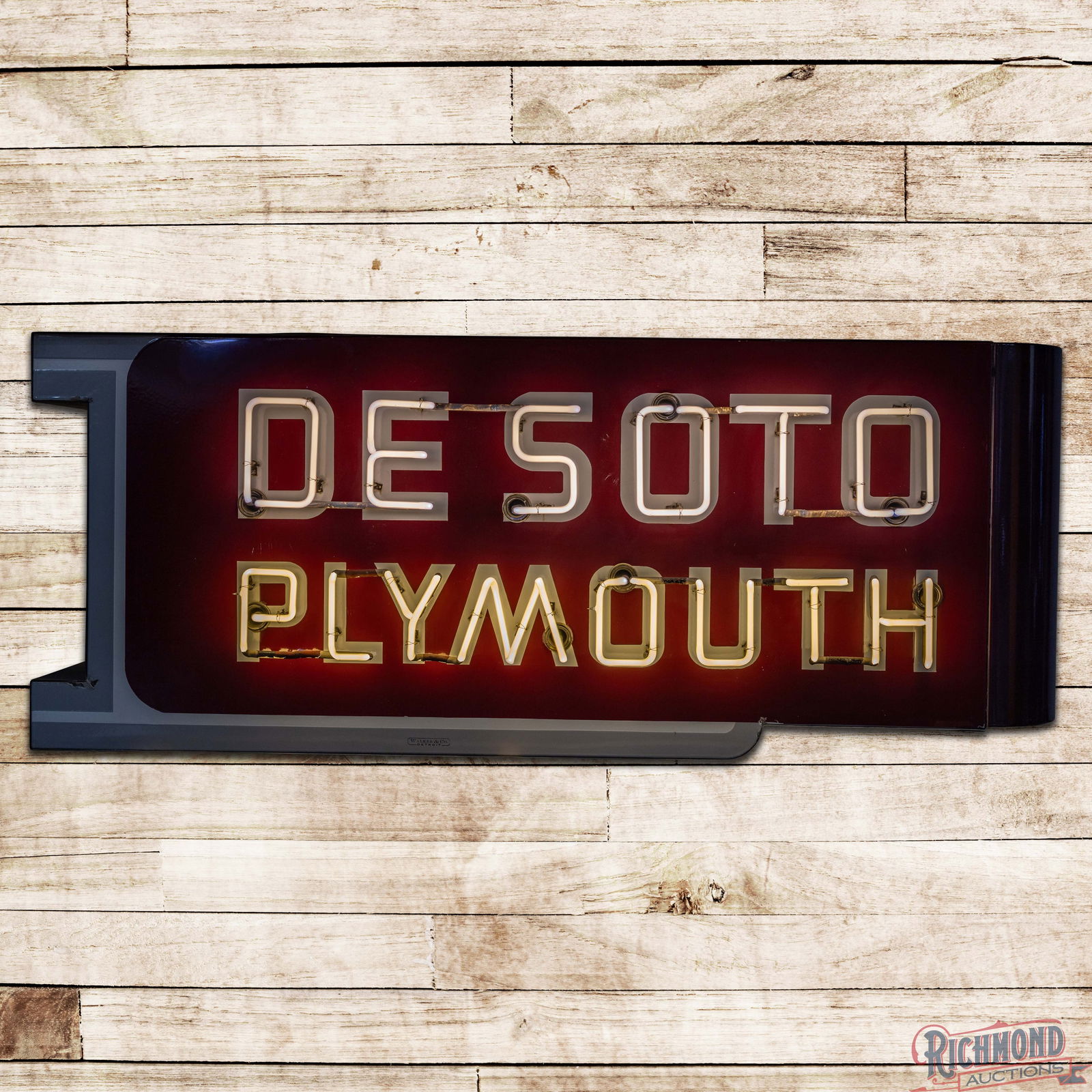 Superb DeSoto Plymouth Die Cut 6' Double Sided Porcelain Factory Neon Sign: DSP (Double Sided Porcelain) die cut factory neon sign with the original metal can has outstanding color and gloss. Side #1 is exceptionally clean with minor surface imperfections and a small areas of