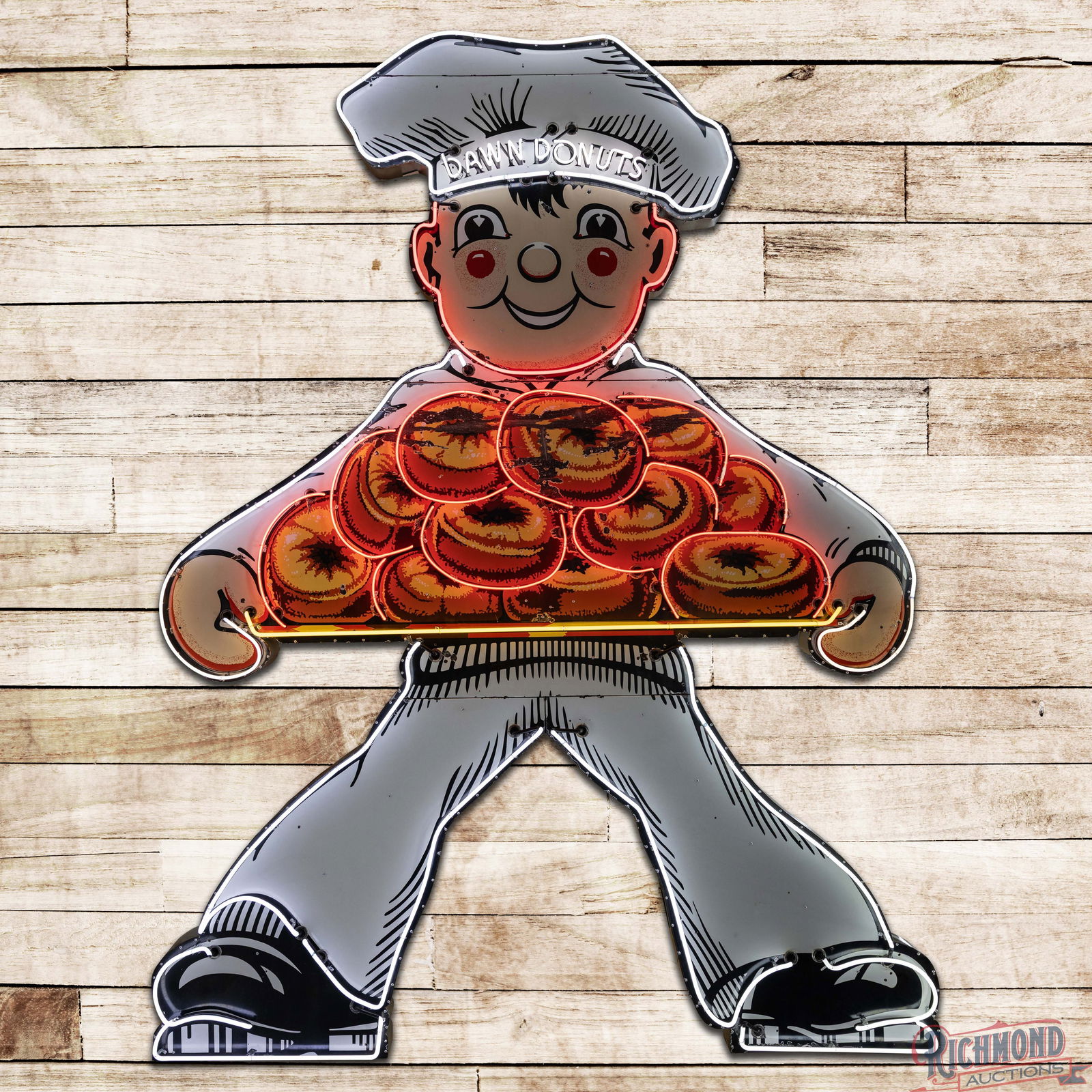 Dawn Donuts Drive In 12' Die Cut Single Sided Porcelain Factory Neon Figural Sign: SSP (Single Sided Porcelain) die cut factory neon sign with a new metal can has excellent color and gloss. The sign features three-color neon with amazing graphics of a chef holding a platter of donut
