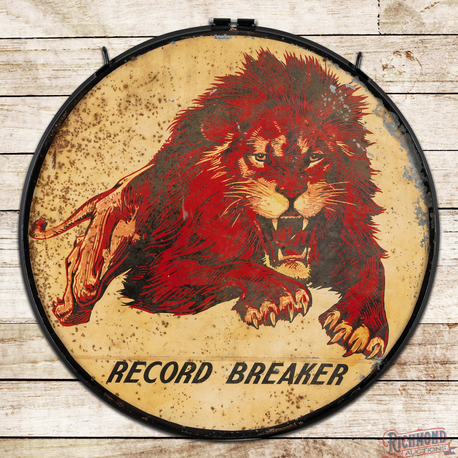 Scarce Gilmore Gasoline "Record Breaker" 38" Double Sided Tin Sign w/ Lion & Ring: This fresh to market sign was consigned to Richmond Auctions by Paul Teutul Jr., star of the hit Discovery Channel television show American Choppers. DST (Double Sided Tin) sign has good color and