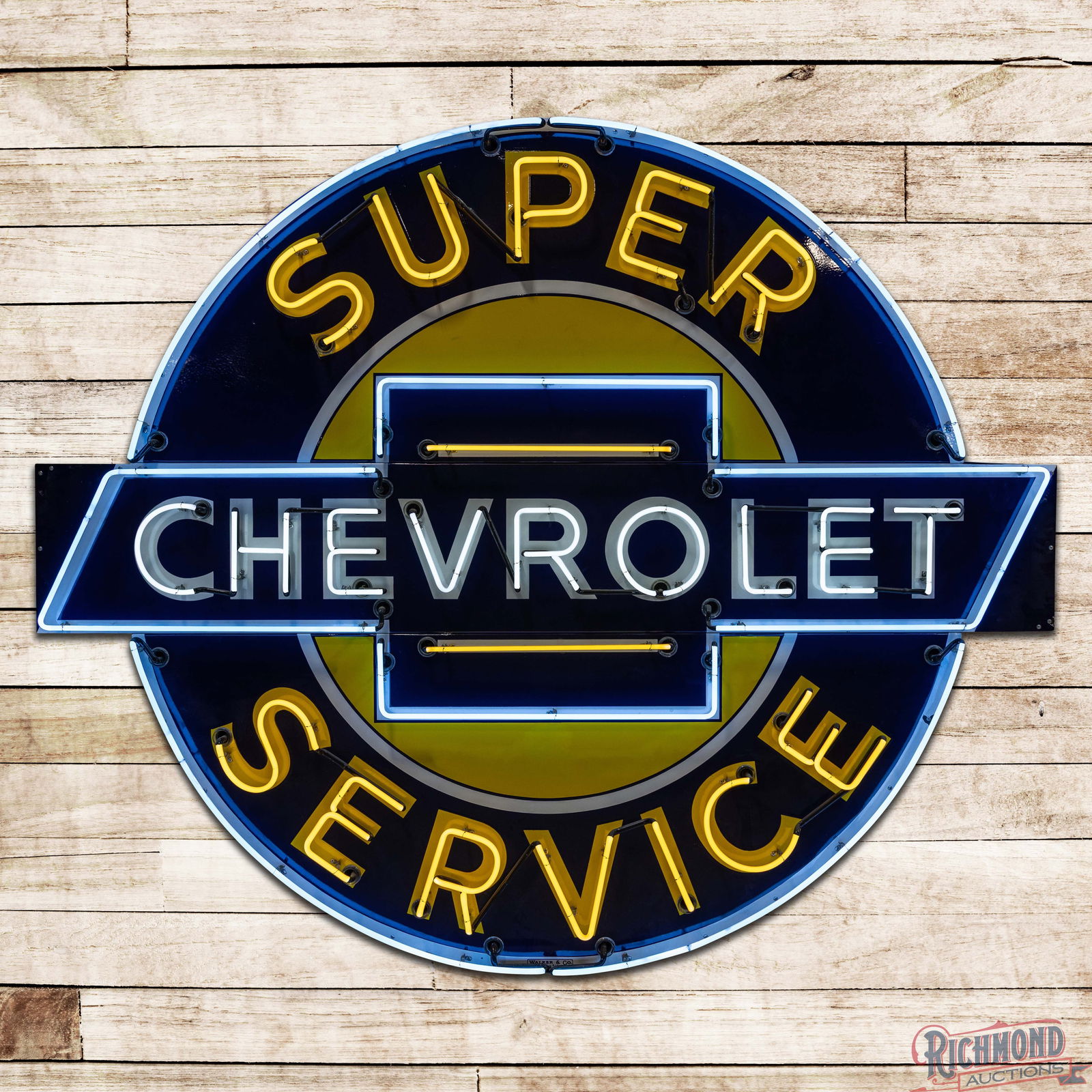 Impressive Chevrolet Super Service 7' Die Cut Single Sided Porcelain Factory Neon Sign: SSP (Single Sided Porcelain) die cut multi-piece factory neon sign with a metal can has outstanding color and gloss. The sign features brilliant three-color neon with areas of professional color match