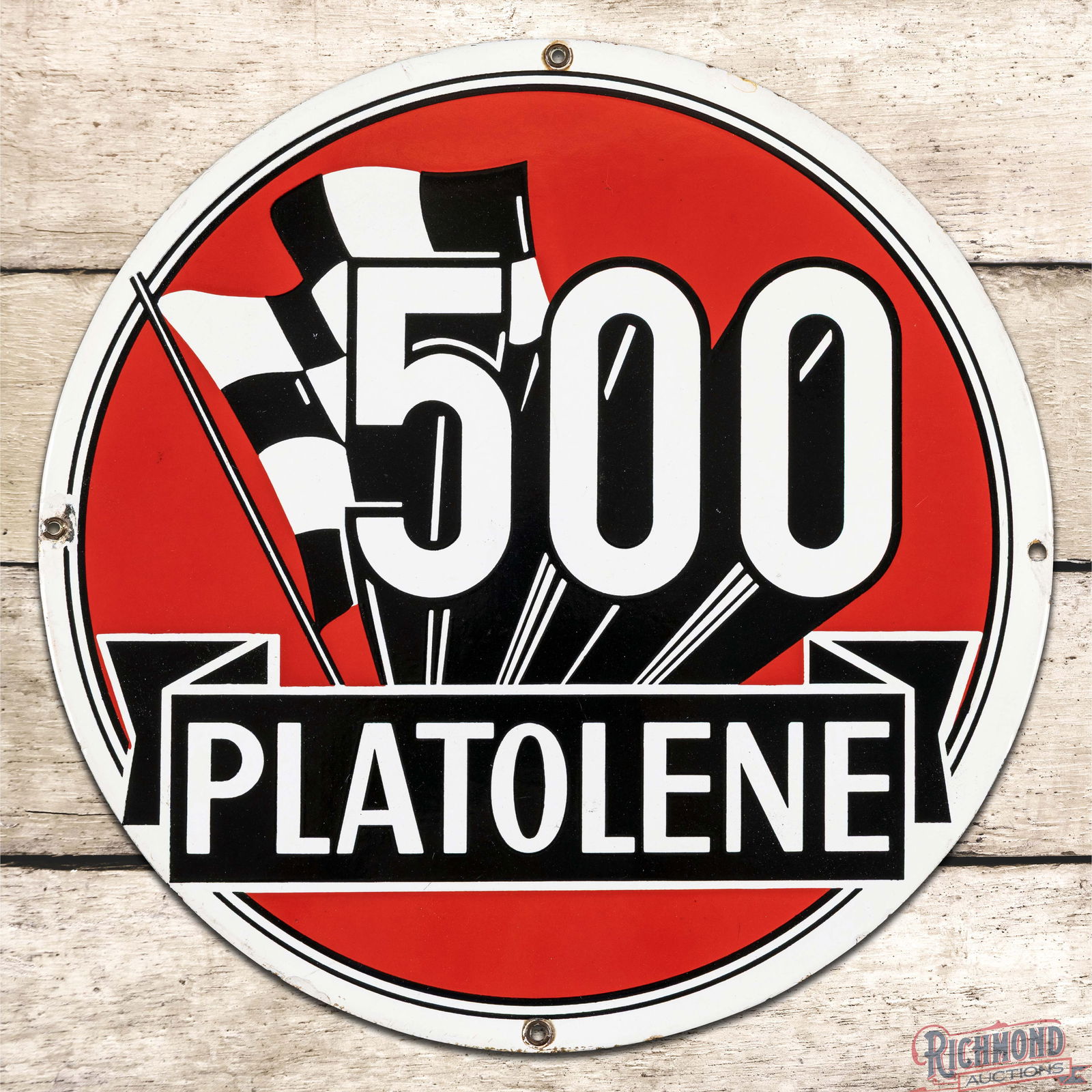 Amazing Platolene 500 Gasoline Single Sided Porcelain Pump Plate Sign w/ Racing Flag: Rare SSP (Single Sided Porcelain) pump plate sign has excellent color and gloss. The field is clean and features a unique Platolene logo with racing-inspired checkered flag graphics. The perimeter