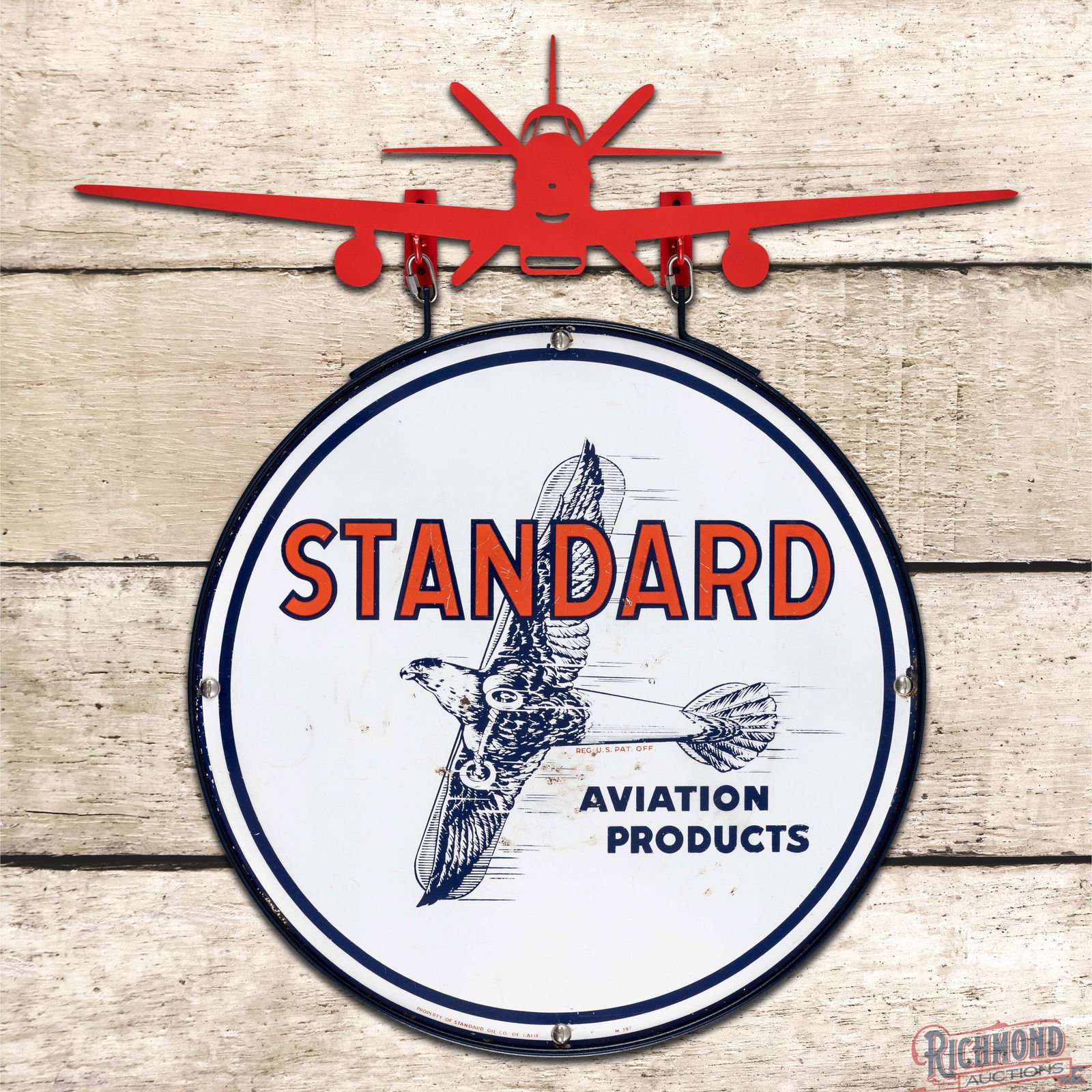 Rare Standard Aviation Products 20" Single Sided Porcelain Sign w/ Custom Hanger: Outstanding SSP (Single Sided Porcelain) sign with added ring & custom aviation themed wall mount bracket has very good color and gloss. The display has small chips with fine scratches and areas of