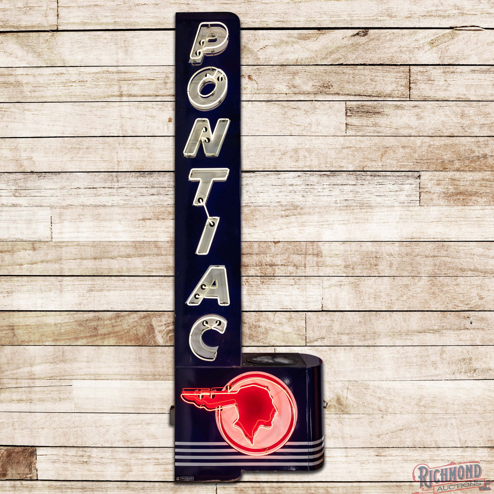 Impressive Pontiac Automobiles 12' Double Sided Porcelain Factory Neon Sign w/ Full Feather Logo: DSP (Double Sided Porcelain) factory neon sign with the original metal can and bullnose has excellent color and gloss. The display has a clean field with minor discoloration at the neon support stands