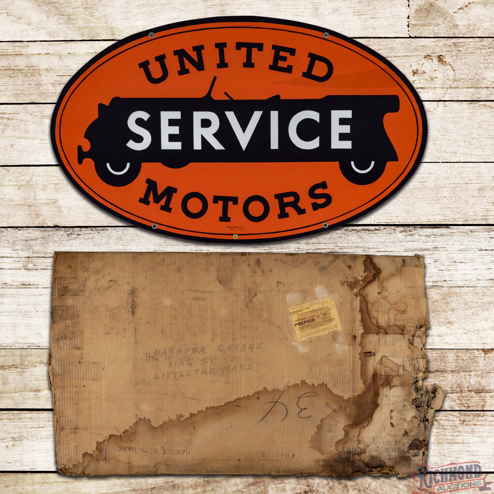 Amazing NOS United Motors Service 48" Double Sided Porcelain Sign w/ Original Box "White Wheels": Outstanding NOS (New Old Stock) DSP (Double Sided Porcelain) sign with the original shipping box and hanging instructions has day one color and gloss. The sign features the iconic United Motors