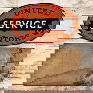 Amazing NOS United Motors Service 48" Double Sided Porcelain Sign w/ Original Box "White Wheels": Outstanding NOS (New Old Stock) DSP (Double Sided Porcelain) sign with the original shipping box and hanging instructions has day one color and gloss. The sign features the iconic United Motors