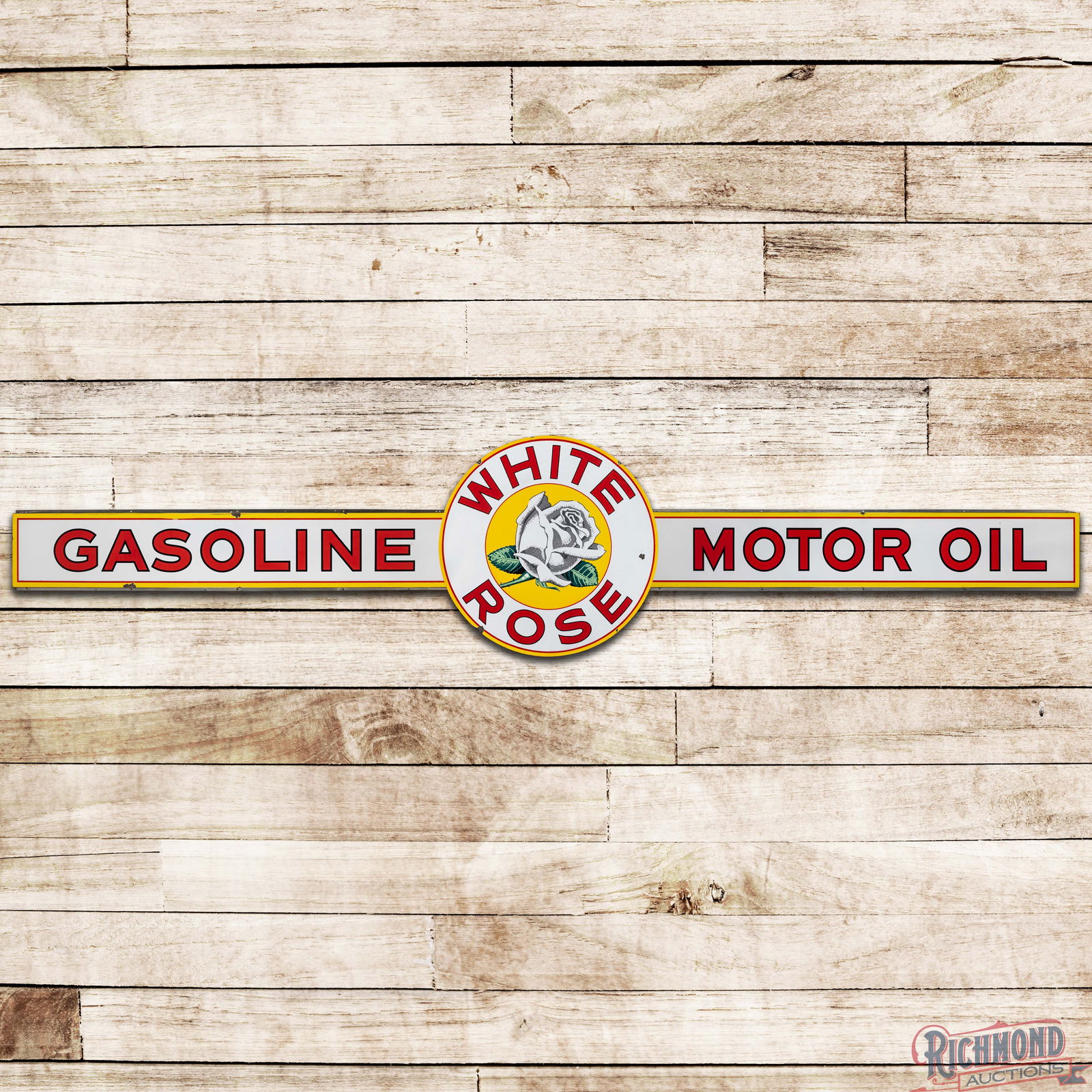 Outstanding White Rose Gasoline Motor Oil 18' Three Piece Single Sided Porcelain Sign w/ Logo: SSP (Single Sided Porcelain) three-piece sign has excellent color and gloss. The White Rose sign has a clean graphic with a chip in the right outer field and small chips along the perimeter. The