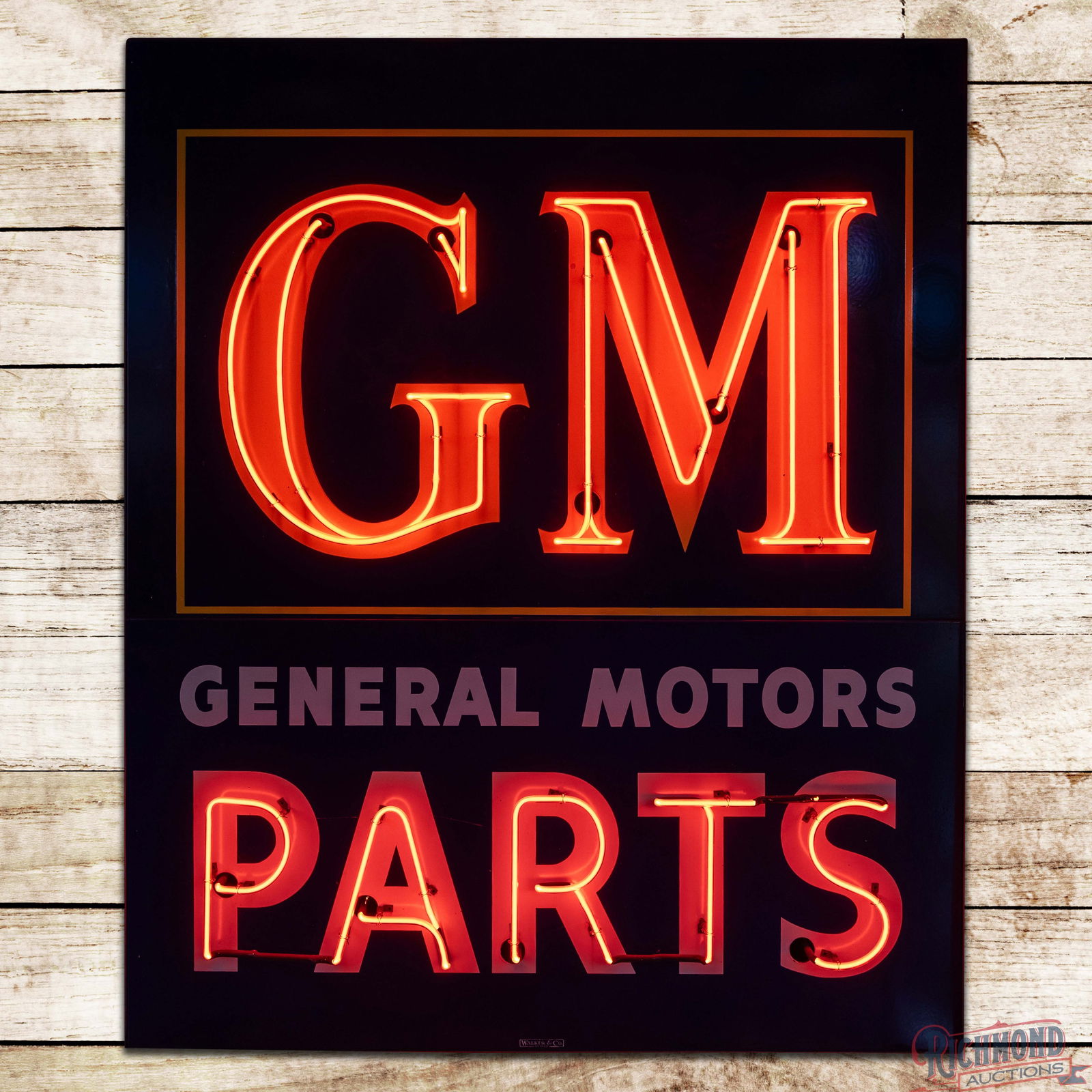Exceptional GM General Motors Parts Double Sided Porcelain Factory Neon Sign "Large": DSP (Double Sided Porcelain) multipiece factory neon sign with the original metal can has excellent color and gloss. Side #1 has a clean field with small chips at the neon holes. The lower edge of the