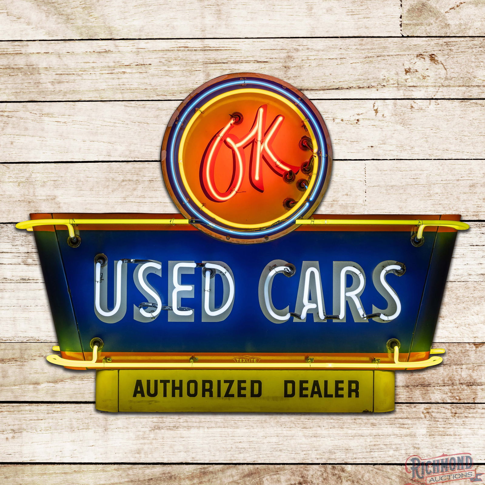 Chevrolet Used Cars Authorized Dealer 4' Double Sided Porcelain Factory Neon Sign w/ Logo: DSP (Double Sided Porcelain) multipiece factory neon sign with a metal can has good color and gloss. The sign features four-color neon with classic "OK" Chevrolet colors and logo. Side #1 has discolor