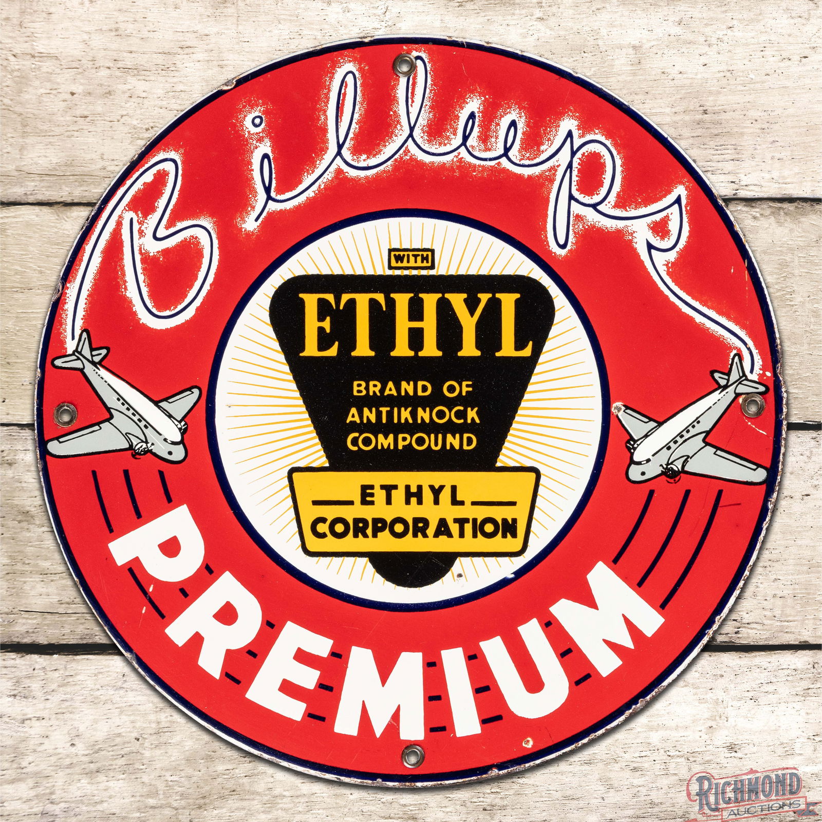 Rare Billups Premium Gasoline Single Sided Porcelain Pump Plate Sign w/ Planes: SSP (Single Sided Porcelain) pump plate sign has excellent color and gloss. The field has tiny chips in the outer edges of the "Ethyl" logo with one tiny chip on the tip of the plane wing in the
