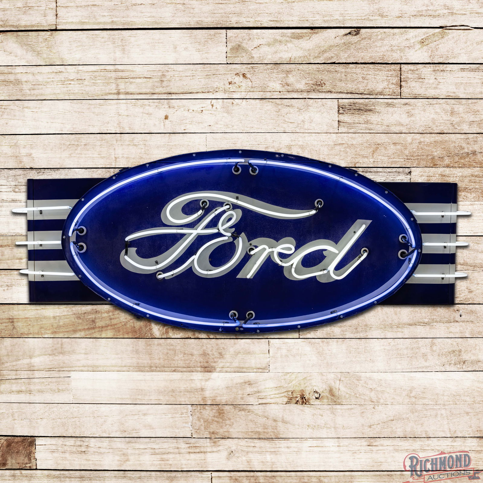 Ford Automobiles 8' Double Sided Porcelain Factory Neon Sign w/ Wings: DSP (Double Sided Porcelain) multi-piece factory neon sign with metal can and bullnose wings has good color and gloss. The display has light wear, small chips and cloudiness in the fields. The perimet