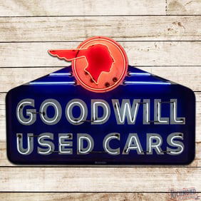 Scarce Pontiac Goodwill Used Cars Single Sided Porcelain Factory Neon Sign w/ Full Feather Logo