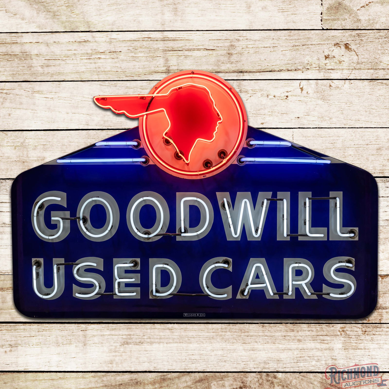 Scarce Pontiac Goodwill Used Cars Single Sided Porcelain Factory Neon Sign w/ Full Feather Logo: SSP (Single Sided Porcelain) two-piece die cut factory neon sign with metal can has day one color and gloss. The sign features the iconic full feather Pontiac logo with classic red, white and blue por