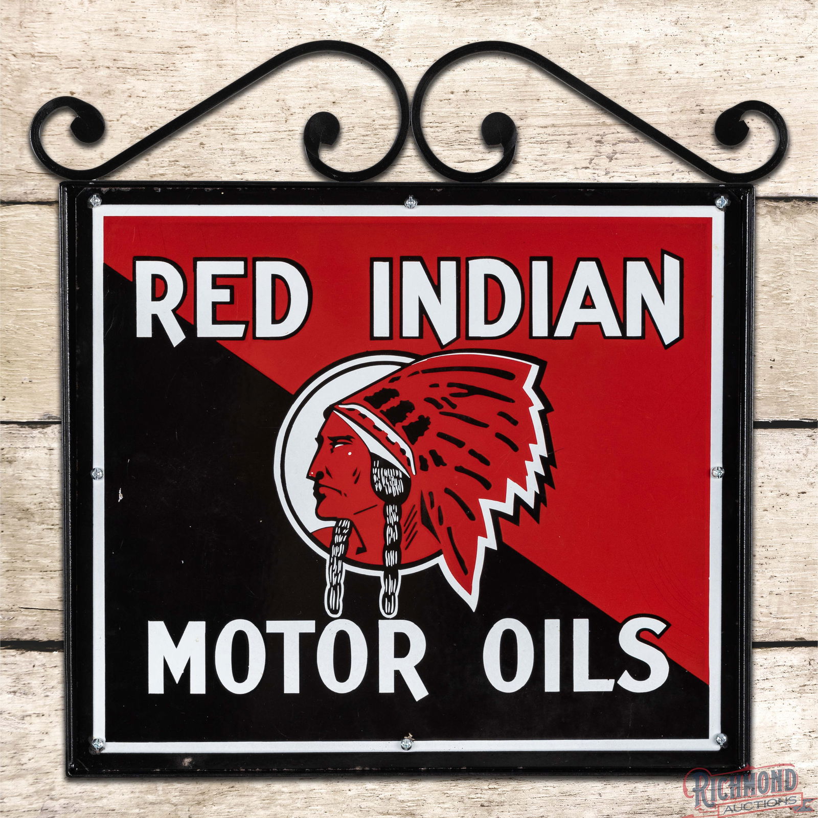 Exceptional Red Indian Motor Oils "McColl-Frontenac" SS Porcelain Sign w/ Native American & Frame: SSP (Single Sided Porcelain) sign with an added decorative display frame has excellent color and gloss. The display features a detailed Native American graphic. The field is exceptionally clean with m