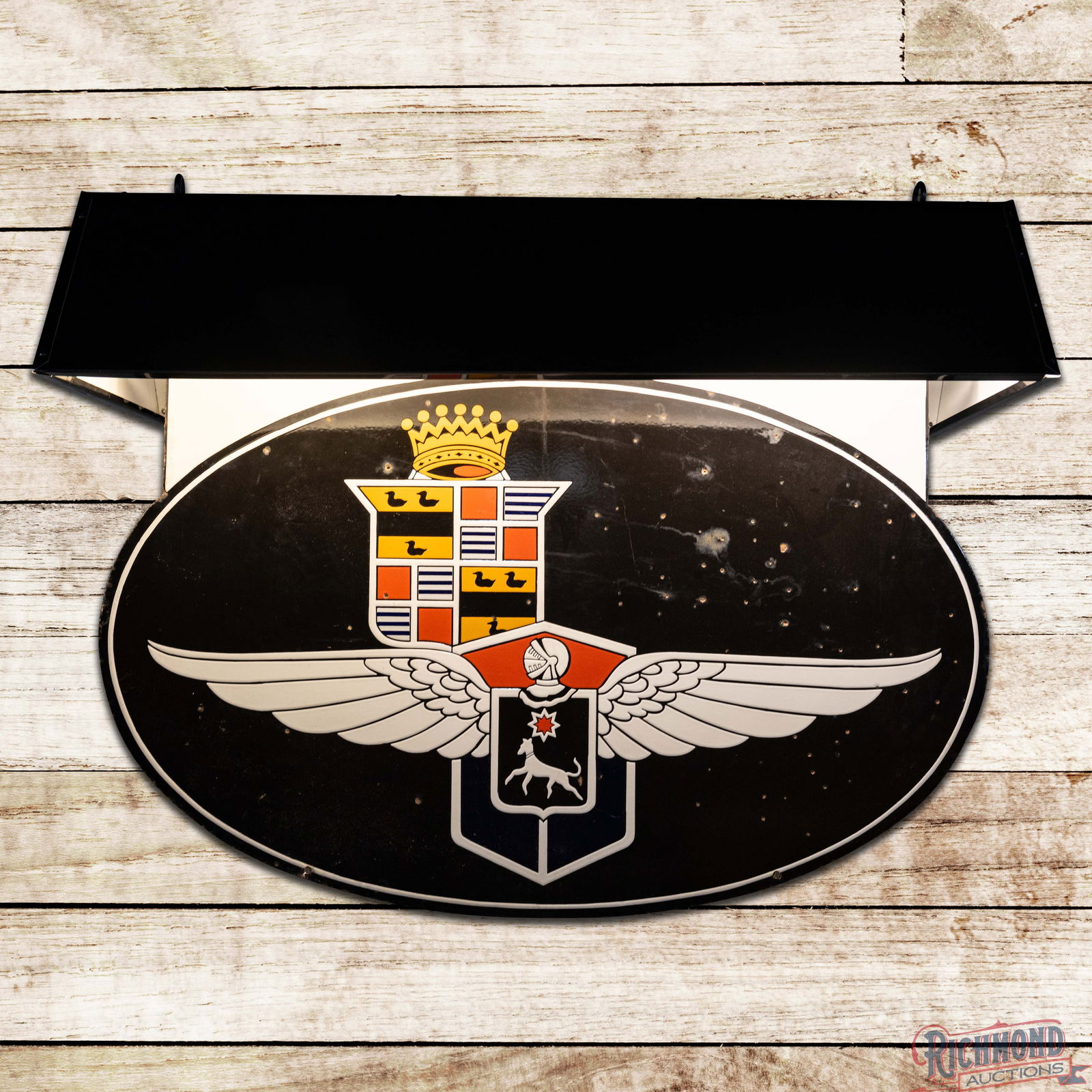 Rare Cadillac LaSalle Double Sided Porcelain Die Cut Logo Sign w/ Lighted Hood: Amazing DSP (Double Sided Porcelain) die cut sign with a lighted hood has excellent color and gloss. The sign features the colorful logos of both Cadillac and its premium brand LaSalle. The display