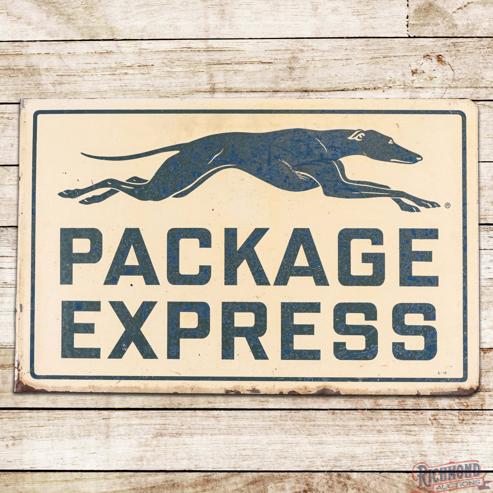 Greyhound Package Express Double Sided Tin Flange Sign w/ Logo: DST (Double Sided Tin) flange has good color and shine. The display has wear with fine scratches and paint chips in the fields. The perimeter has surface wear with bends on the edges and inner flange.