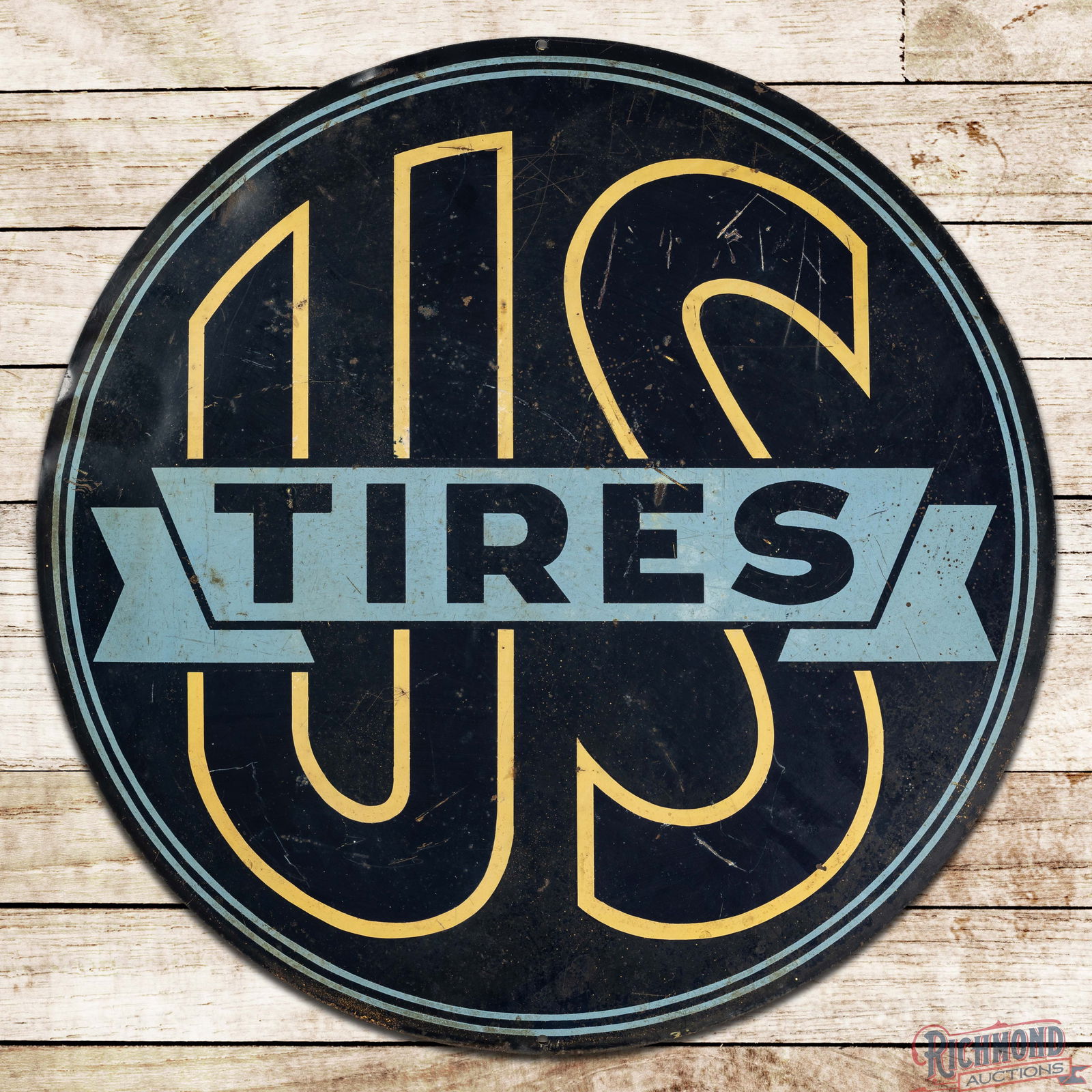 Scarce US Tires 30" Double Sided Tin Sign w/ Logo: DST (Double Sided Tin) sign has good color and moderate shine. Side #1 has general wear with discoloration, scratches and bends along the perimeter. The reverse has additional scratches in the outer