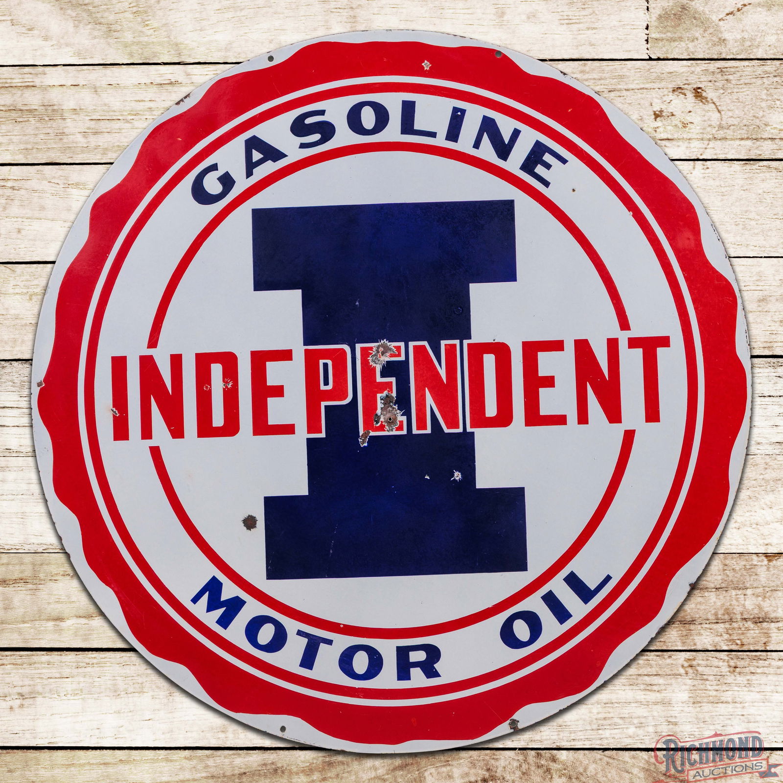 Rare Independent Gasoline Motor Oil 48" Double Sided Porcelain Sign: Seldom-seen DSP (Double Sided Porcelain) sign has very good color and gloss. Side #1 has a non-factory hole in the center with minor surface marks, chips and factory blemishes. The perimeter has addit