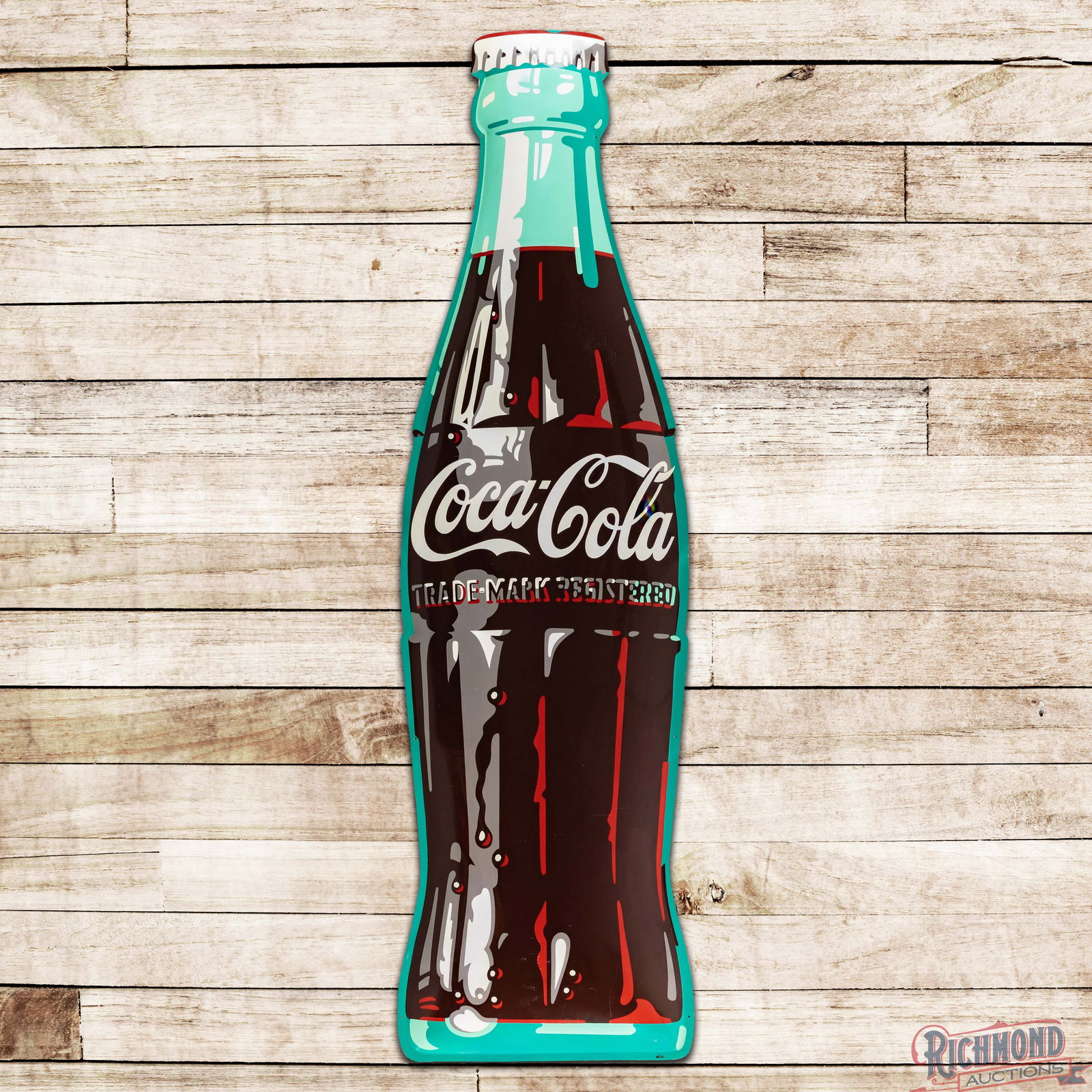 Coca Cola 9' Single Sided Tin Convex Bottle Sign: SST (Single Sided Tin) convex die cut bottle sign has excellent color and shine. The field exhibits light surface wear with fine scratches and minor scuffs. The perimeter has minor wear with small