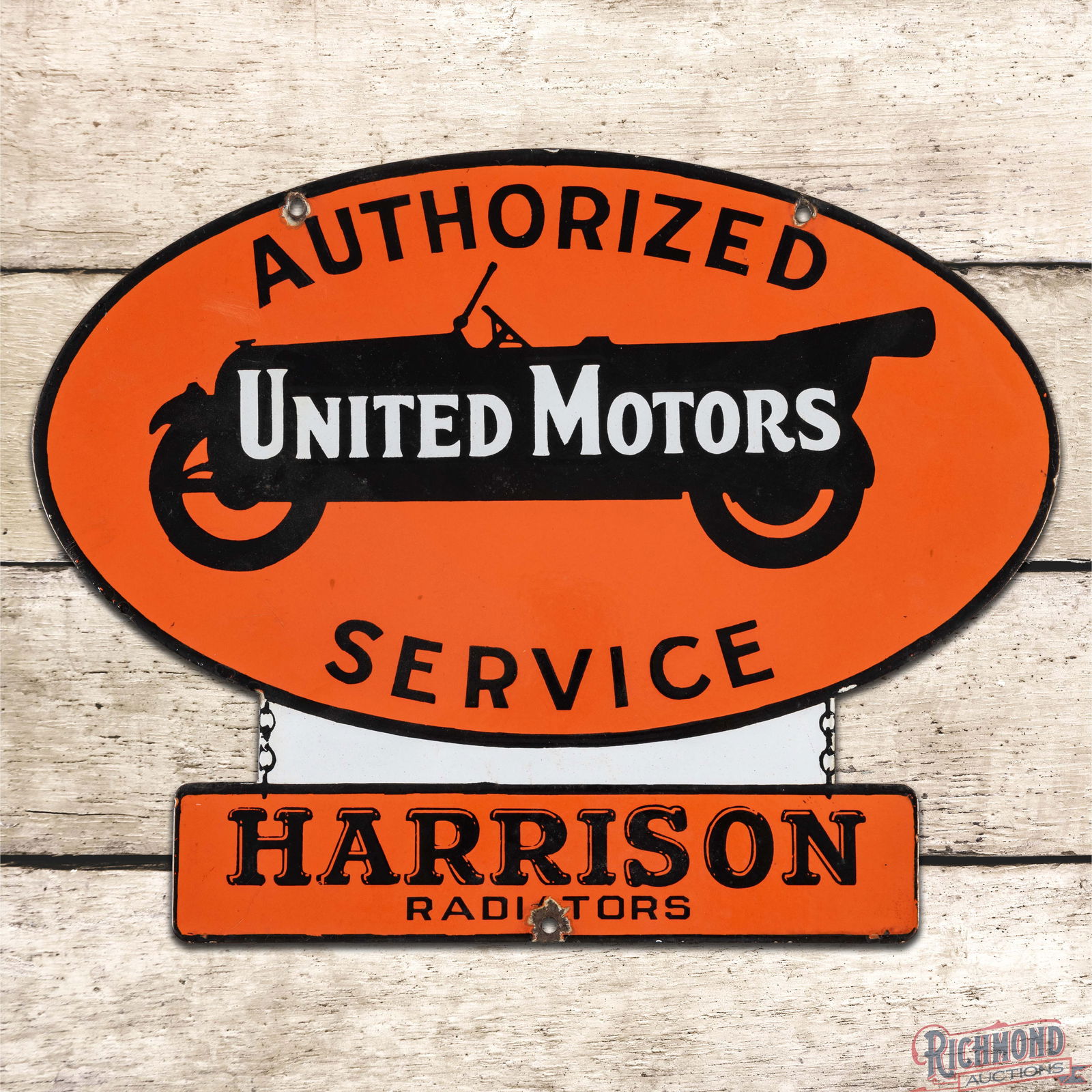 Scarce United Motors Authorized Service Harrison Radiators DS Porcelain Die Cut Sign w/ Early Car: DSP (Double Sided Porcelain) die cut sign has excellent color and gloss. The display has a clean field with minor surface imperfections. The perimeter has wear at the upper mounting holes with an adde