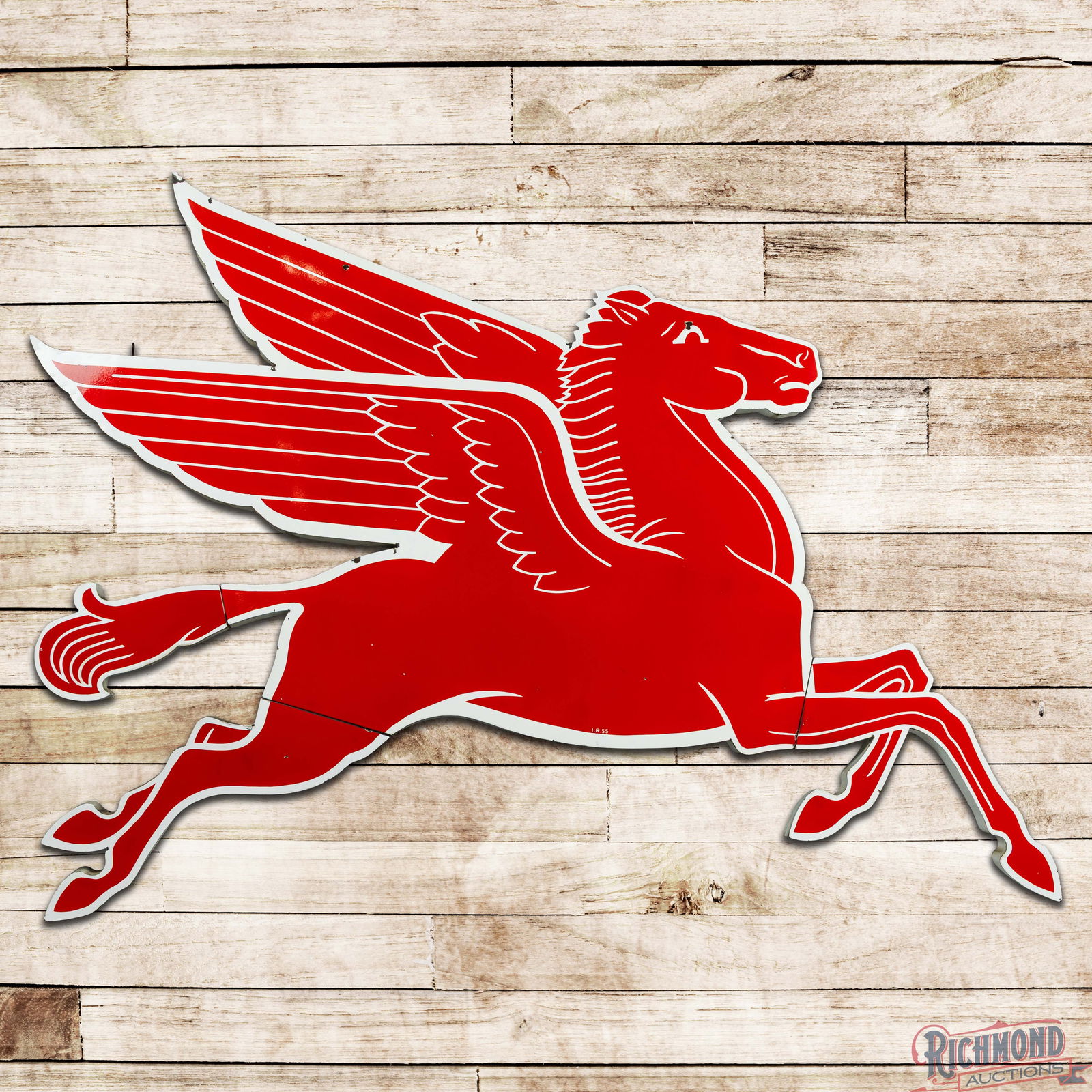 Impressive 1955 Mobil Service Station Pegasus Cookie Cutter Sign "Right Facing": SSP (Single Sided Porcelain) multi-piece cookie cutter sign has excellent color and gloss. The display is very clean overall with a handful of eraser sized chips or smaller in the field and larger