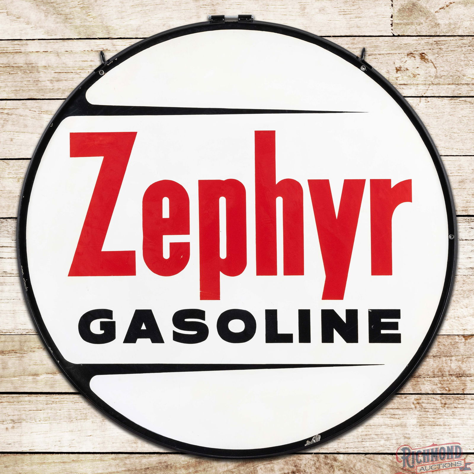 Scarce Zephyr Gasoline 48" Double Sided Porcelain ID Sign w/ Ring: Exceedingly rare DSP (Double Sided Porcelain) sign has excellent color and gloss. The sign is one of just a few known examples. The display has minor surface imperfections with a few tiny chips in