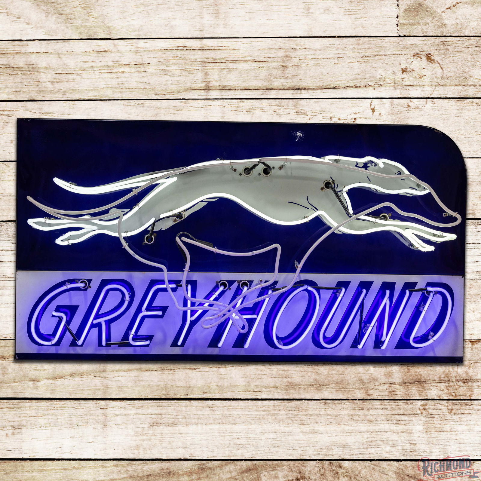 Superb Greyhound Bus Lines 5.5' Double Sided Porcelain Factory Neon Sign "Animated": DSP (Double Sided Porcelain) factory neon sign with the original metal can has outstanding color and gloss. The sign features two-color neon with animation which gives the illusion of the greyhound ru