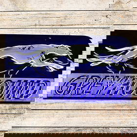 Superb Greyhound Bus Lines 5.5' Double Sided Porcelain Factory Neon Sign "Animated": DSP (Double Sided Porcelain) factory neon sign with the original metal can has outstanding color and gloss. The sign features two-color neon with animation which gives the illusion of the greyhound ru