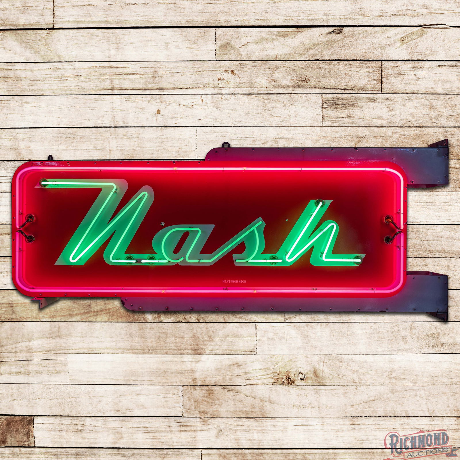 Nash Automobiles 8' Die Cut Double Sided Porcelain Factory Neon Sign: DSP (Double Sided Porcelain) die cut factory neon sign with the original metal can has excellent color and gloss. Side #1 has a small chip at a mounting screw with a few small flea bites in the "Nash"