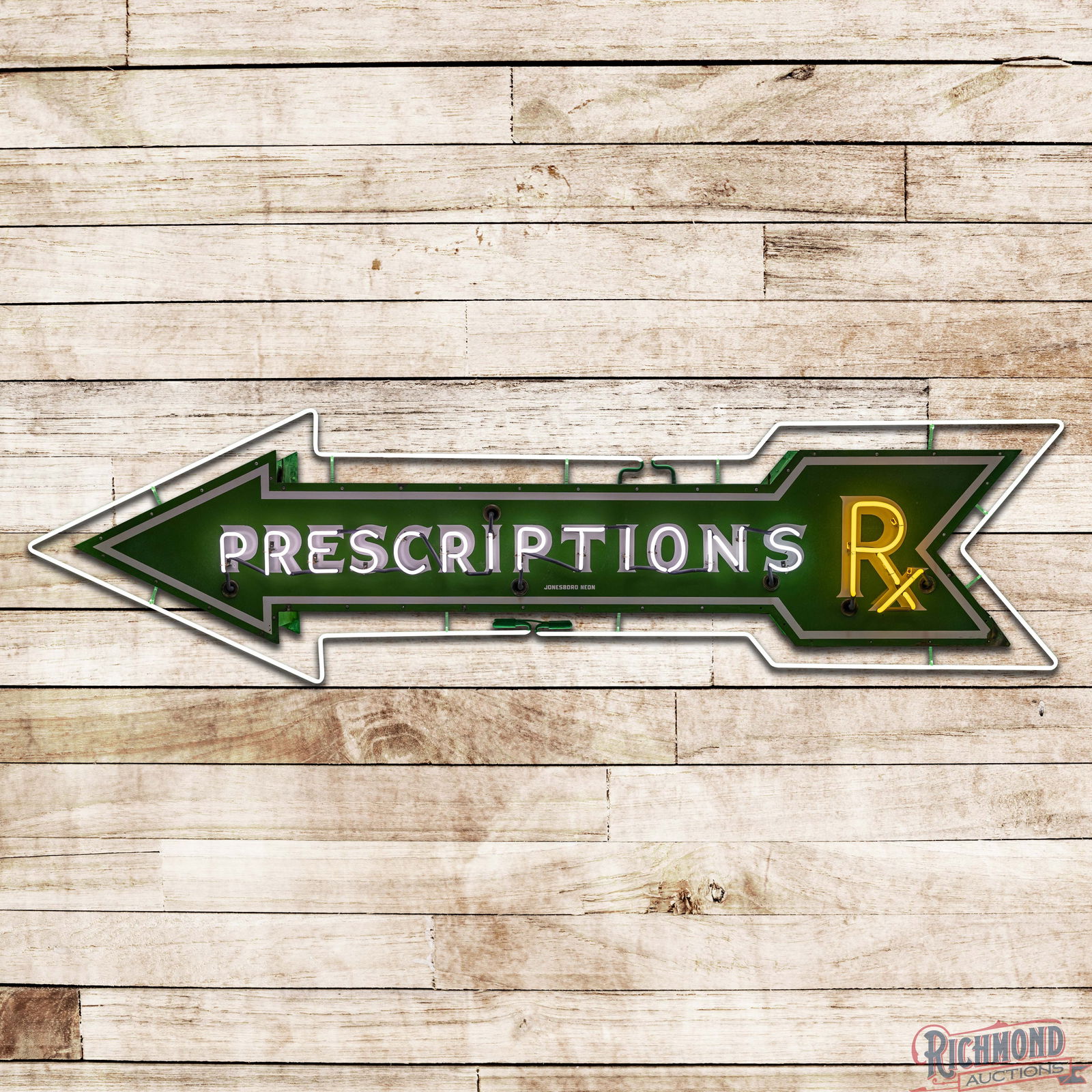 Prescriptions Rx Die Cut 8' Double Sided Porcelain Factory Neon Arrow Sign: DSP (Double Sided Porcelain) die cut factory neon arrow sign with the original can has excellent color and gloss. The sign features three-color neon with "Flashing" Rx lettering. The display has a cle