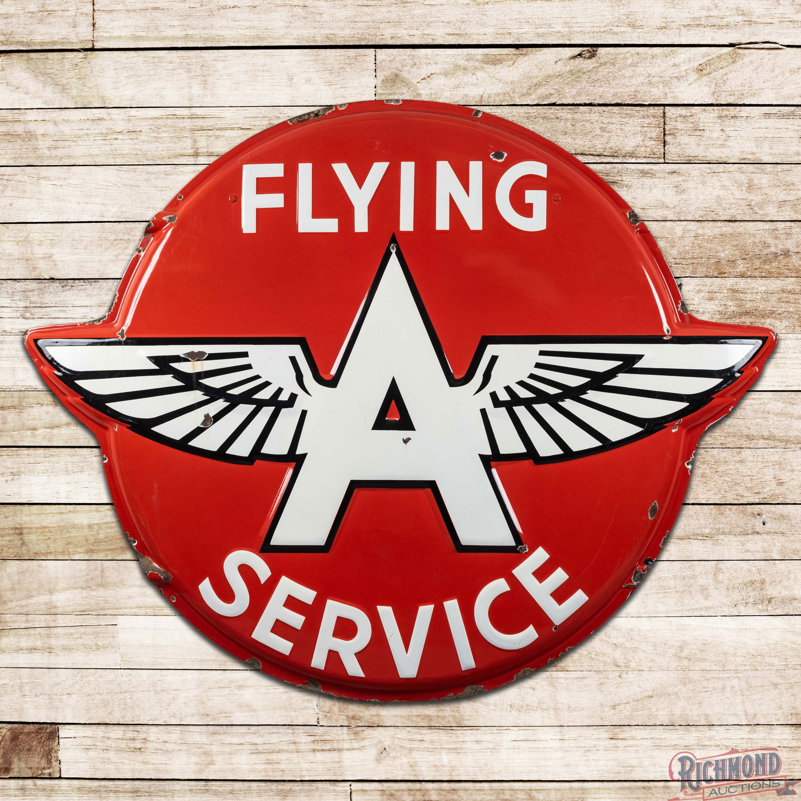 Rare Flying A Service 6' Emb. Die Cut Single Sided Porcelain ID Sign w/ Logo "Large": Seldom-seen SSP (Single Sided Porcelain) embossed die cut button sign has excellent color and gloss. The field has light surface wear with chips and minor discoloration in the left field. The outer fi