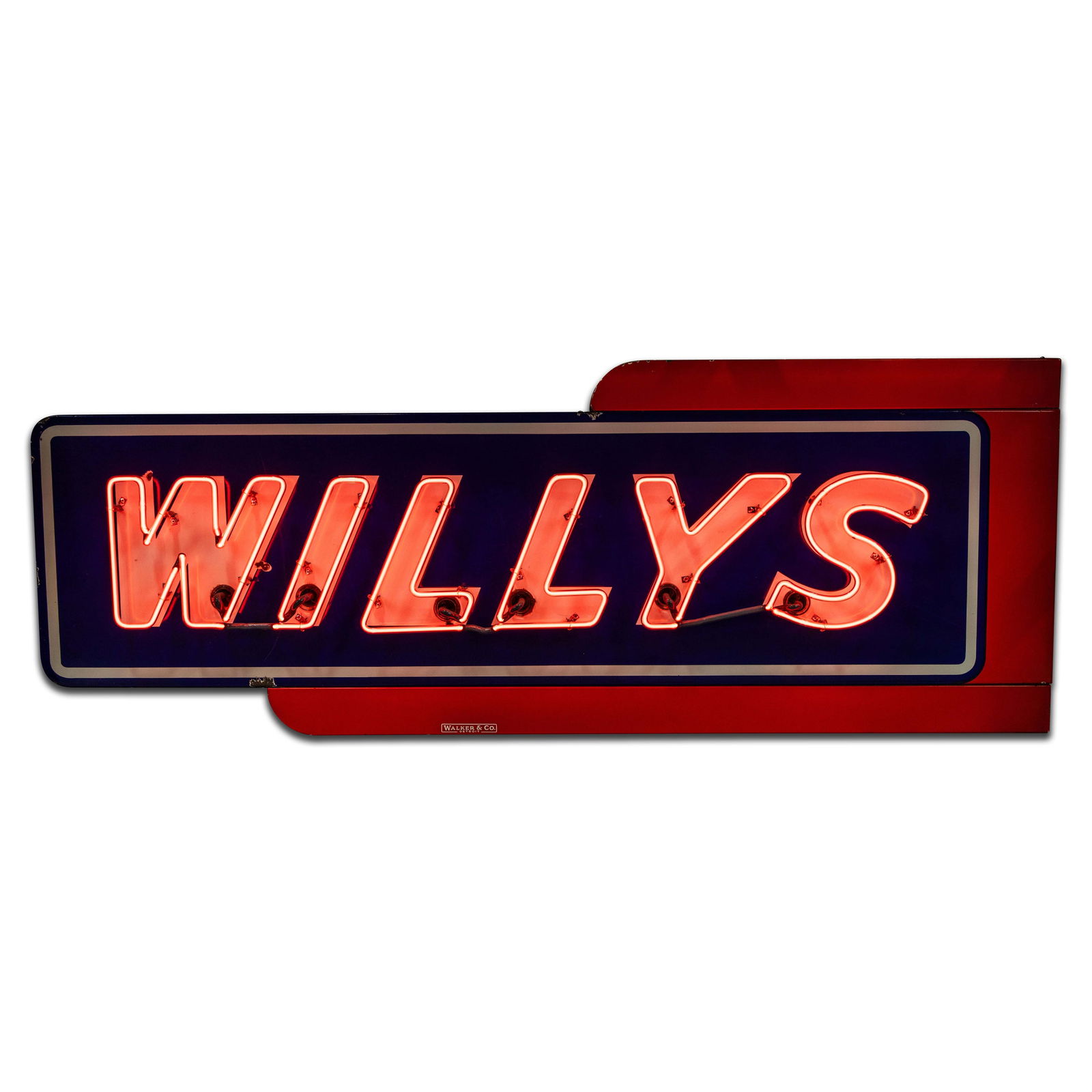 Willys Automobiles 6' Single Sided Porcelain Factory Neon Sign: SSP (Single Sided Porcelain) multi-piece factory neon sign with metal can has excellent color and gloss. The sign exhibits light wear with fine scratches and small chips at the "W" in the left field.