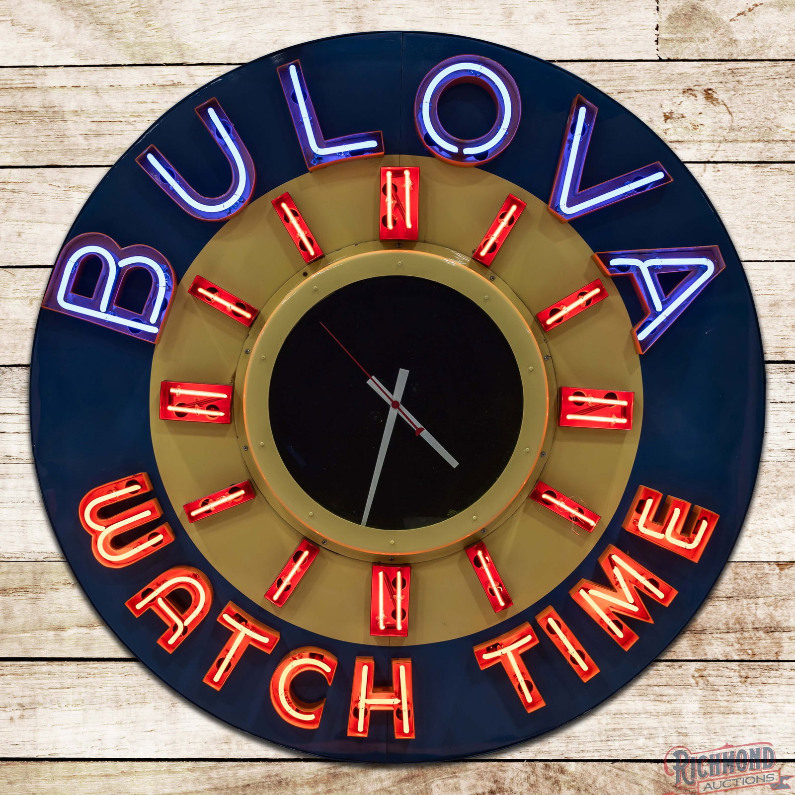 Amazing Bulova Watch Time 5' 3D Neon Advertising Clock: Exceptional multi-piece three-dimensional SST (Single Sided Tin) factory neon advertising clock with a metal can has been professionally restored. The clock and neon both work as they should. The cloc