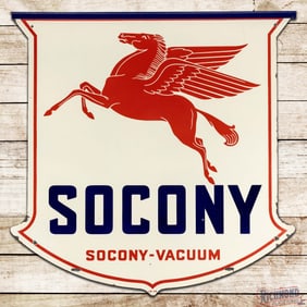 Socony Vacuum 4' Double Sided Porcelain Shield Sign w/ Pegasus & Bracket