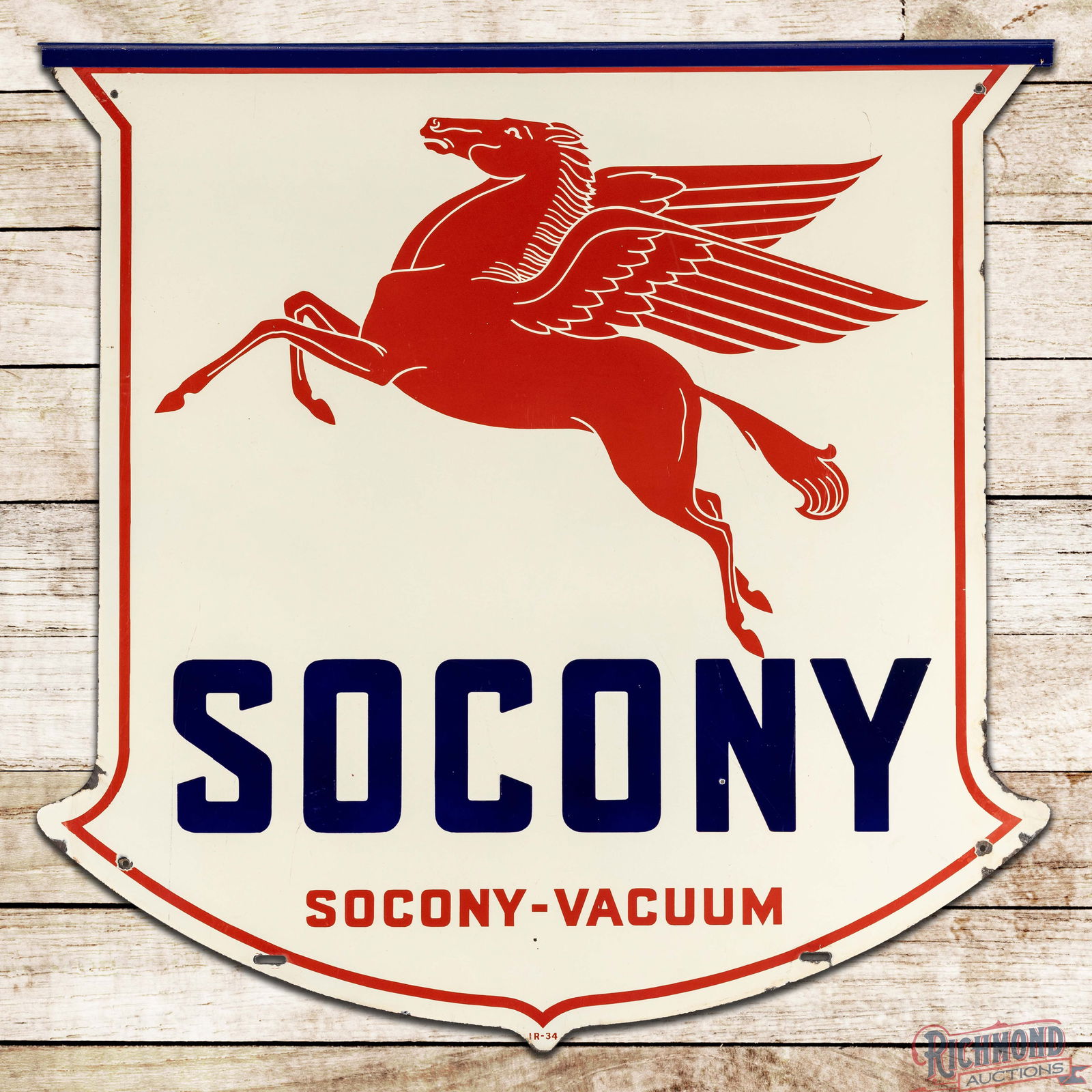 Socony Vacuum 4' Double Sided Porcelain Shield Sign w/ Pegasus & Bracket: DSP (Double Sided Porcelain) die cut sign with metal bracket has excellent color and gloss. The display has minor surface marks with an eraser-sized chip in the "N" in the lower field. The perimeter