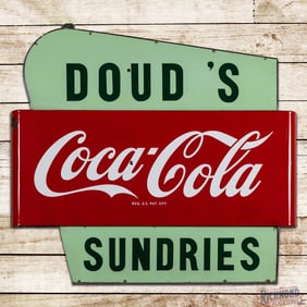 Excellent Coca Cola "Doud's Sundries" 5' Double Sided Porcelain Multi-piece Sign w/ Hangers