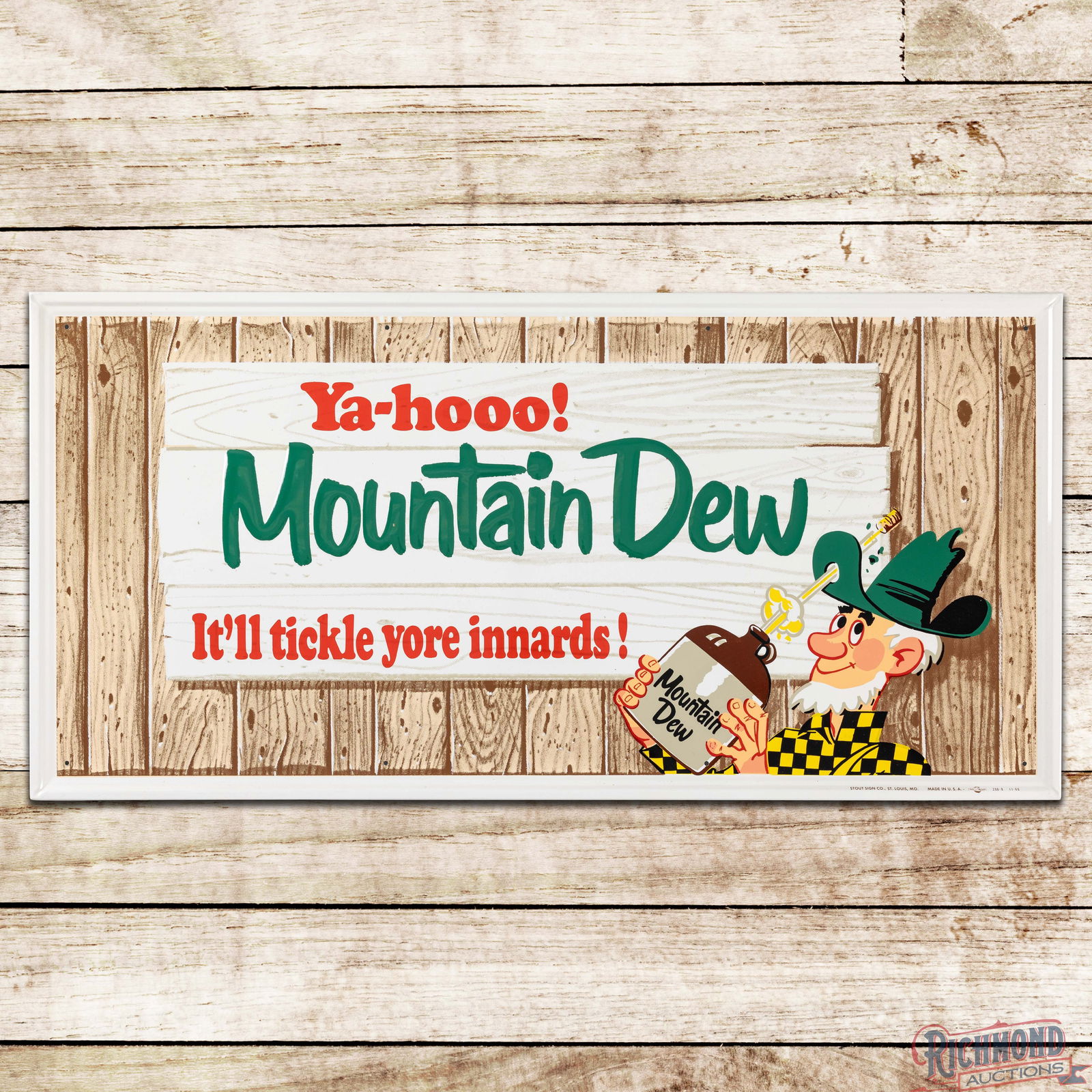 NOS 1966 Ya-Hoo! Mountain Dew "It'll Tickle Yore Innards!" SS Tin Sign w/ Hillbilly & Factory Paper: Amazing NOS (New Old Stock) SST (Single Sided Tin) embossed self-framed sign with the factory paper has day one color and shine. The sign has brilliant color and features a crisp graphic of Willie