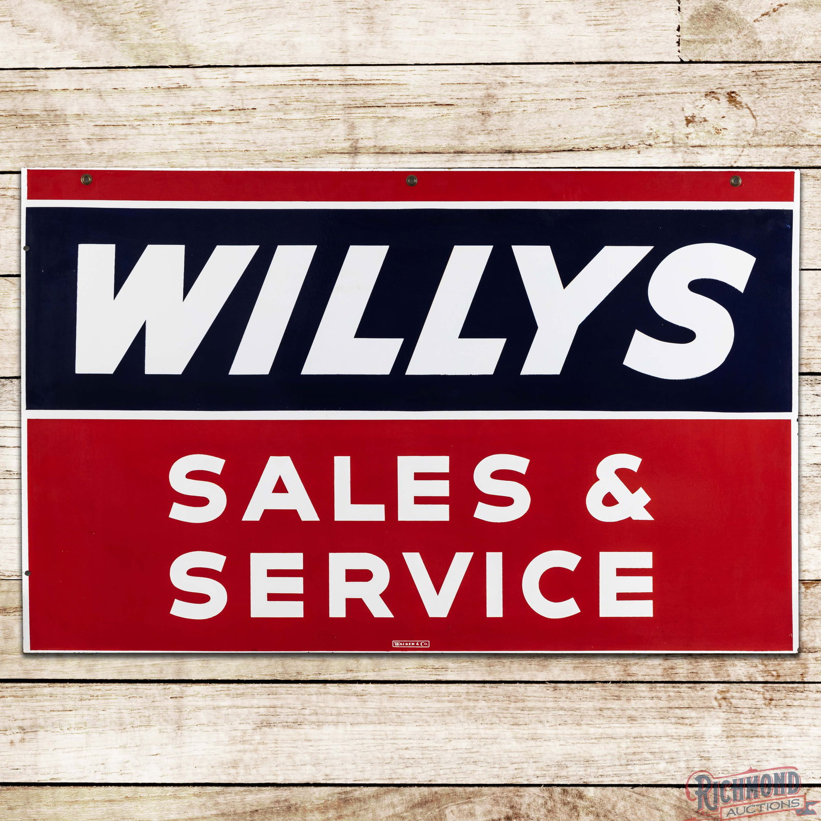 Fantastic Willys Sales & Service 48" Double Sided Porcelain Sign: DSP (Double Sided Porcelain) sign has outstanding color and gloss. Side #1 has a clean field and perimeter with a few tiny chips along the outer edges. The reverse is in a similar condition with a