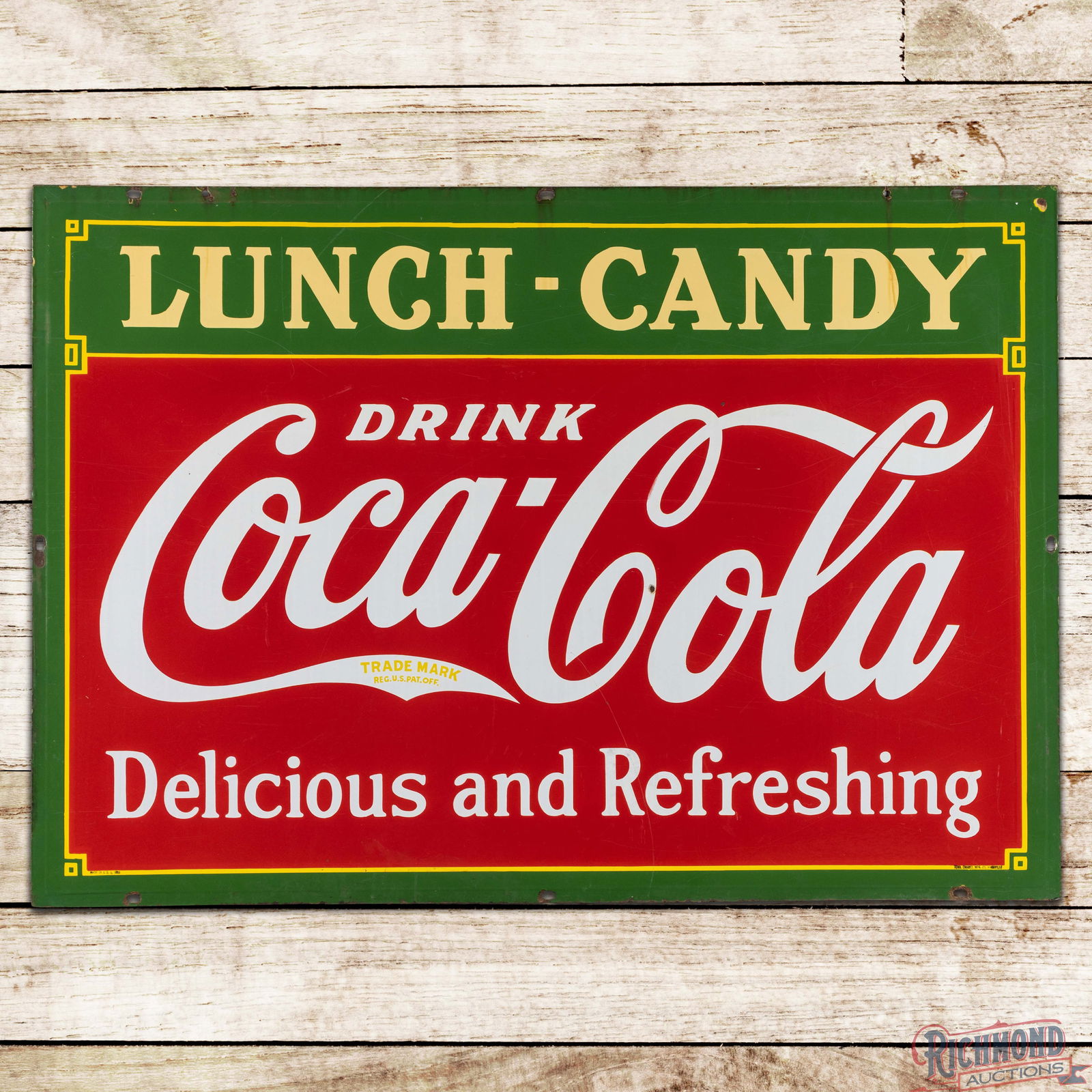 1933 Drink Coca Cola "Delicious and Refreshing" Lunch Candy 5' Double Sided Porcelain Sign: DSP (Double Sided Porcelain) Coke sign has excellent color and gloss. The display has a small chip in the field with a minor flake in the lower field and marks in the upper fields. The perimeter has s