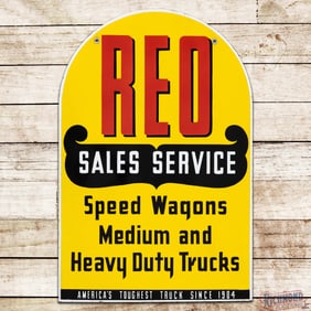 Impressive REO Sales & Service "Speed Wagons Heavy Duty Trucks" Double Sided Porcelain Tombstone