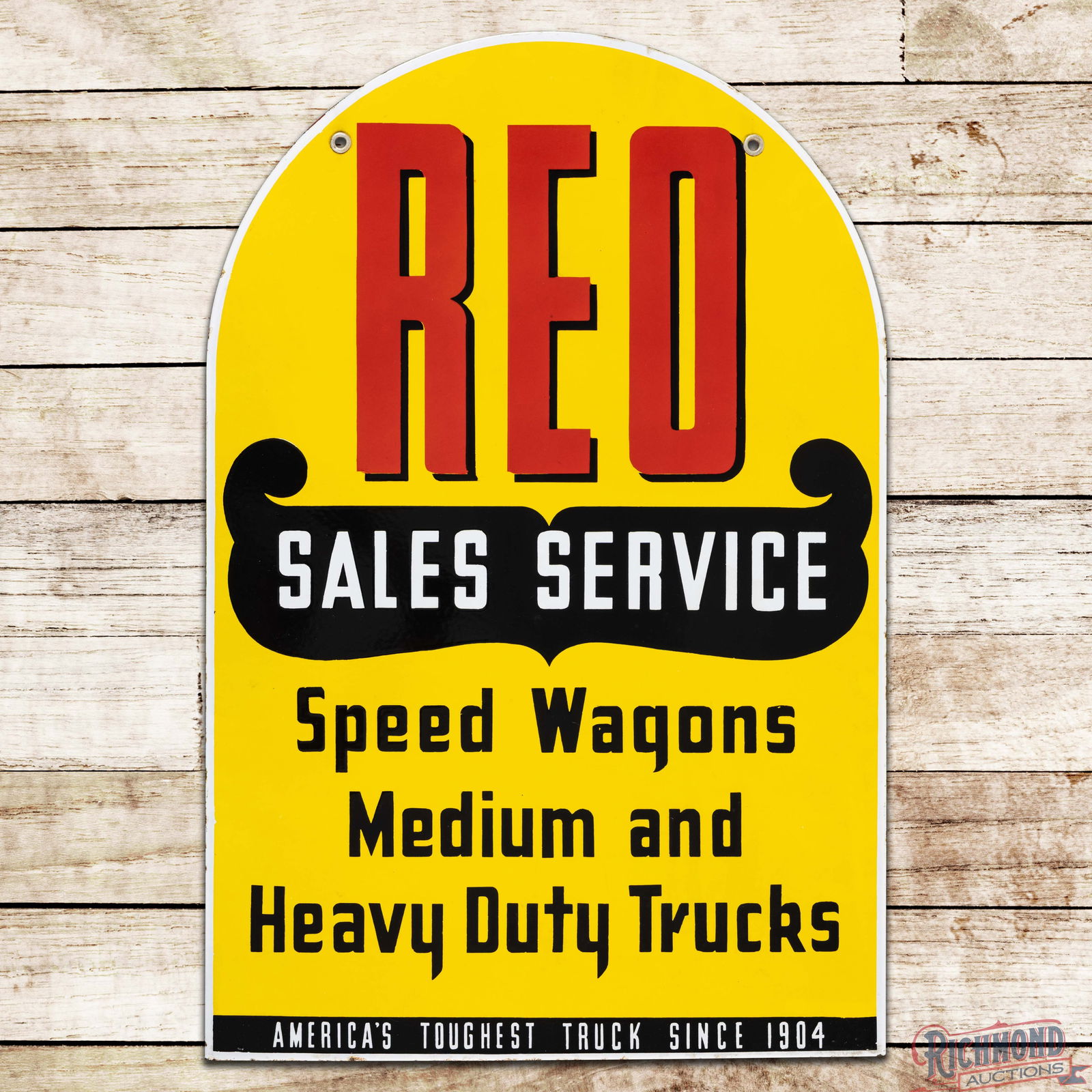 Impressive REO Sales & Service "Speed Wagons Heavy Duty Trucks" Double Sided Porcelain Tombstone: DSP (Double Sided Porcelain) sign has day one color and gloss. Side #1 has an extremely clean field with minor surface imperfections. The perimeter has light edge wear with minor discoloration along