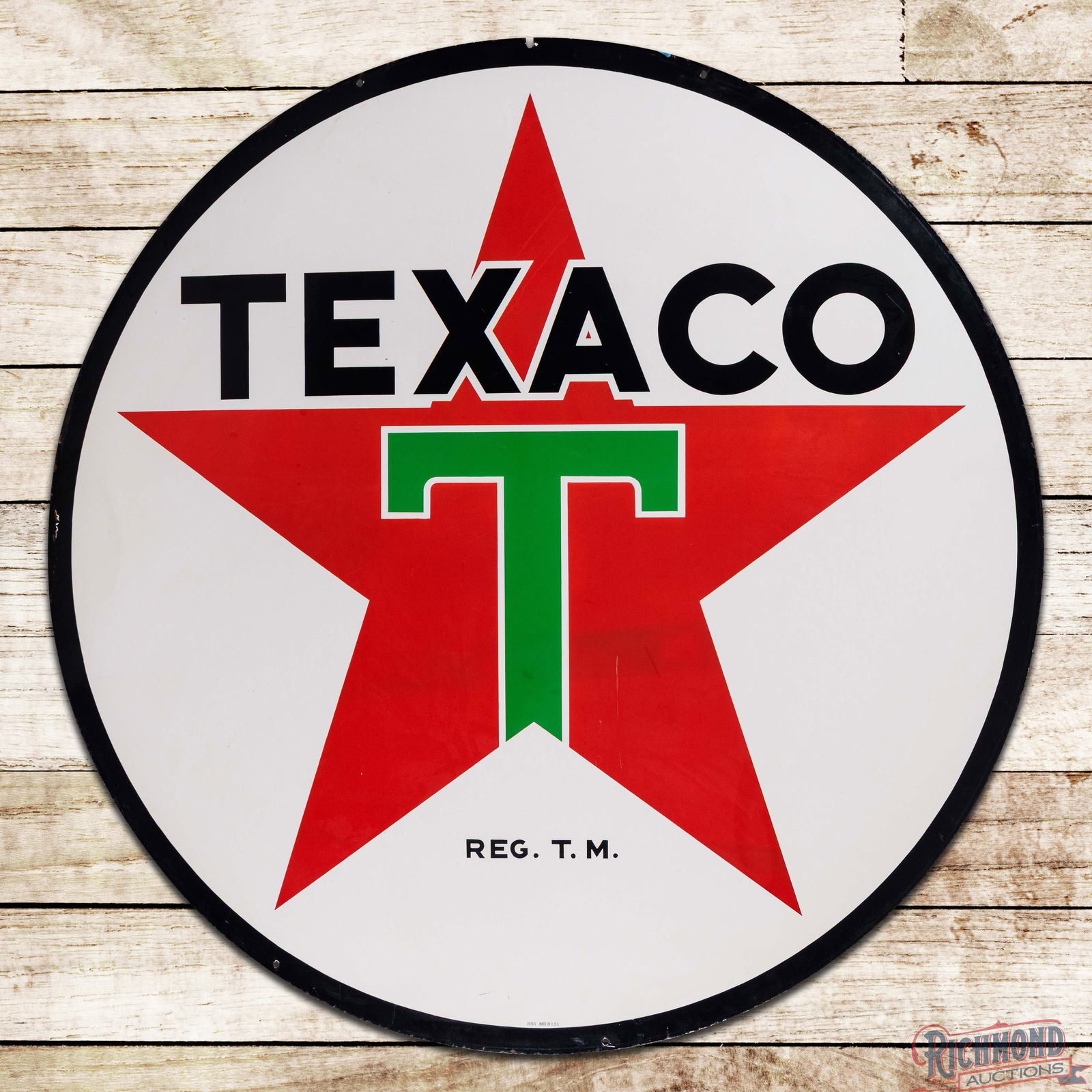 Fantastic Texaco Gasoline 6' Double Sided Porcelain ID Service Station Sign: DSP (Double Sided Porcelain) sign has excellent color and gloss. Side #1 is exceptionally clean with minor marks and small fine scratches in the fields. The perimeter has an area of color match with