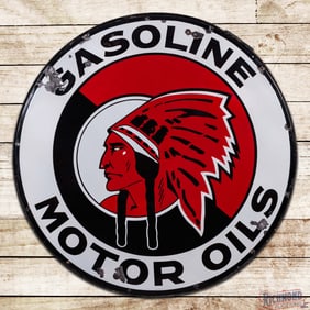 Red Indian Gasoline Motor Oils 5' Single Sided Porcelain Sign w/ Ring