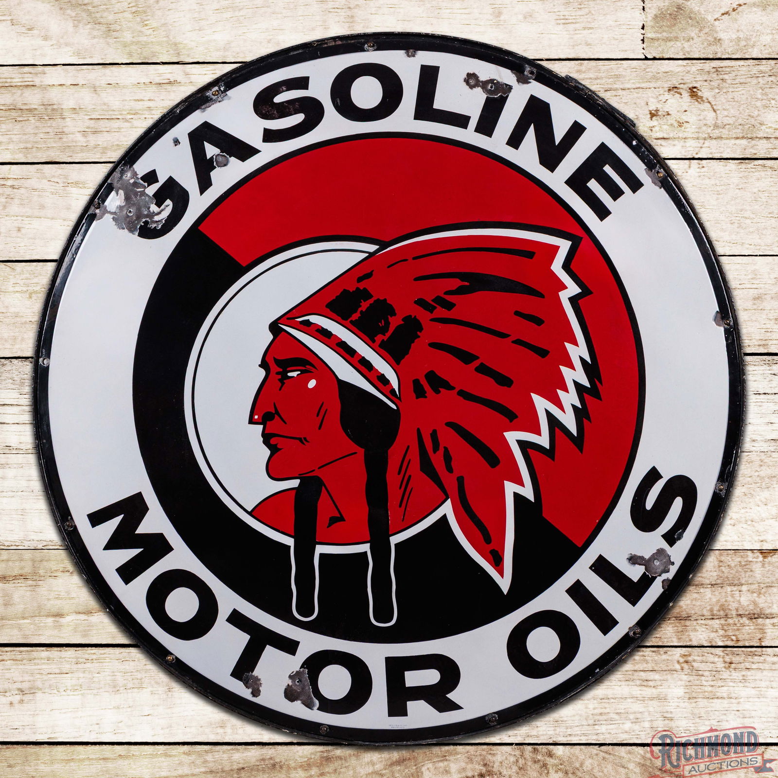 Red Indian Gasoline Motor Oils 5' Single Sided Porcelain Sign w/ Ring: SSP (Single Sided Porcelain) sign has excellent color and gloss. The sign has outstanding graphics and features the famed McColl-Frontenac Native American graphic in the center field. The display has