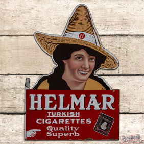 Helmar Turkish Cigarettes Quality Superb Die Cut Double Sided Porcelain Flange Sign w/ Lady
